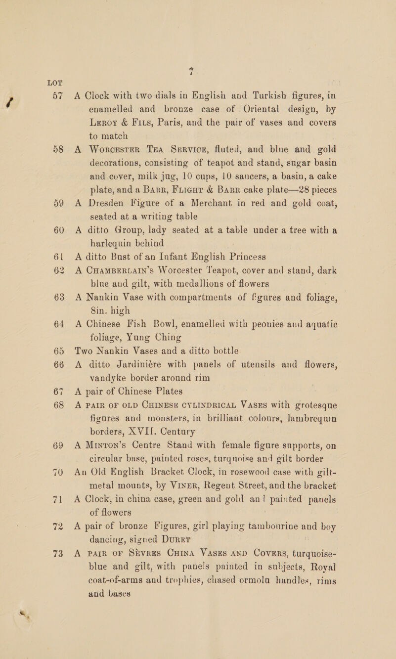 58 fe) ri A Clock with two dials in English and Turkish figures, in enamelled and bronze case of Oriental design, by Leroy &amp; Fits, Paris, and the pair of vases and covers to match | A Worcester Trea Servicz, fluted, and blue and gold decorations, consisting of teapot and stand, sugar basin and cover, milk jug, 10 cups, 10 saucers, a basin, a cake plate, and a Barr, Fiicut &amp; Barr cake plate—28 pieces A Dresden Figure of a Merchant in red and gold coat, seated at a writing table A ditto Group, lady seated at a table under a tree with a harlequin behind A ditto Bust of an Infant English Princess A CHAMBERLAIN’S Worcester ‘'eapot, cover and stand, dark blue aud gilt, with medallions of flowers A Nankin Vase with compartments of figures and foliage, | 8in. high A Chinese Fish Bowl, enamelled with peonies and aquatic foliage, Yung Ching Two Nankin Vases and a ditto bottle A ditto Jardiniére with panels of utensils aud flowers, vandyke border around rim A pair of Chinese Plates A PAIR OF OLD CHINESE CYLINDRICAL VASES with grotesque figures and monsters, in brilliant colours, Jambrequin borders, XVII. Centary A Minron’s Centre Stand with female figure supports, on circular base, painted roses, turqnoise and gilt border An Old English Bracket Clock, in rosewood case with gilt-. metal mounts, by Viner, Regent Street, and the bracket A Clock, in china case, green and gold an! painted panels of flowers : A pair of bronze Figures, girl playing tambourine and boy dancing, signed Durer | A PAIR OF SEVRES CHINA VASES AND COVERS, turquoise- blue and gilt, with panels painted in subjects, Royal coat-of-arms and trophies, chased ormola handles, rims and bases