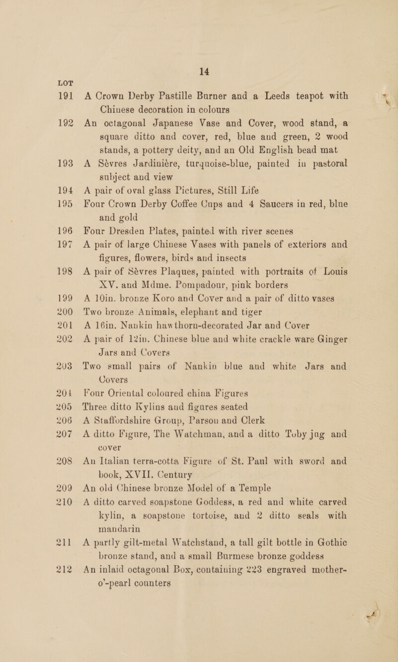 19] mil al2 14 A Crown Derby Pastille Burner and a Leeds teapot with Chinese decoration in colours An octagonal Japanese Vase and Cover, wood stand, a square ditto and cover, red, blue and green, 2 wood stands, a pottery deity, and an Old English bead mat A Sévres Jardiniére, turquoise-blue, painted in pastoral subject and view A pair of oval giass Pictures, Still Life Four Crown Derby Coffee Cups and 4 Saucers in red, blue and gold Four Dresden Plates, painted with river scenes A pair of large Chinese Vases with panels of exteriors and figures, flowers, birds and insects A pair of Sévres Plaques, painted with portraits of Louis XV.and Mdme. Pompadonr, pink borders A 10in. bronze Koro and Cover and a pair of ditto vases Two bronze Animals, elephant and tiger A 16in. Nankin hawthorn-decorated Jar and Cover A pair of 12in. Chinese blue and white crackle ware Ginger Jars and Covers Two small pairs of Nankin blue and white Jars and Covers Four Oriental coloured china Figures Three ditto Kylins and figures seated A Staffordshire Group, Parsou and Clerk A ditto Figure, The Watchman, and a ditto Tuby jag and cover | | | An Italian terra-cotta Figure of St. Paul with sword and book, XVII. Century An old Chinese bronze Model of a Temple A ditto carved soapstone Goddess, a red and white carved kylin, a soapstone tortoise, and 2 ditto seals with mandarin A partly gilt-metal Watchstand, a tall gilt bottle in Gothic bronze stand, and a smail Burmese bronze goddess An inlaid octagonal Box, containing 223 engraved mother- o’-pearl counters