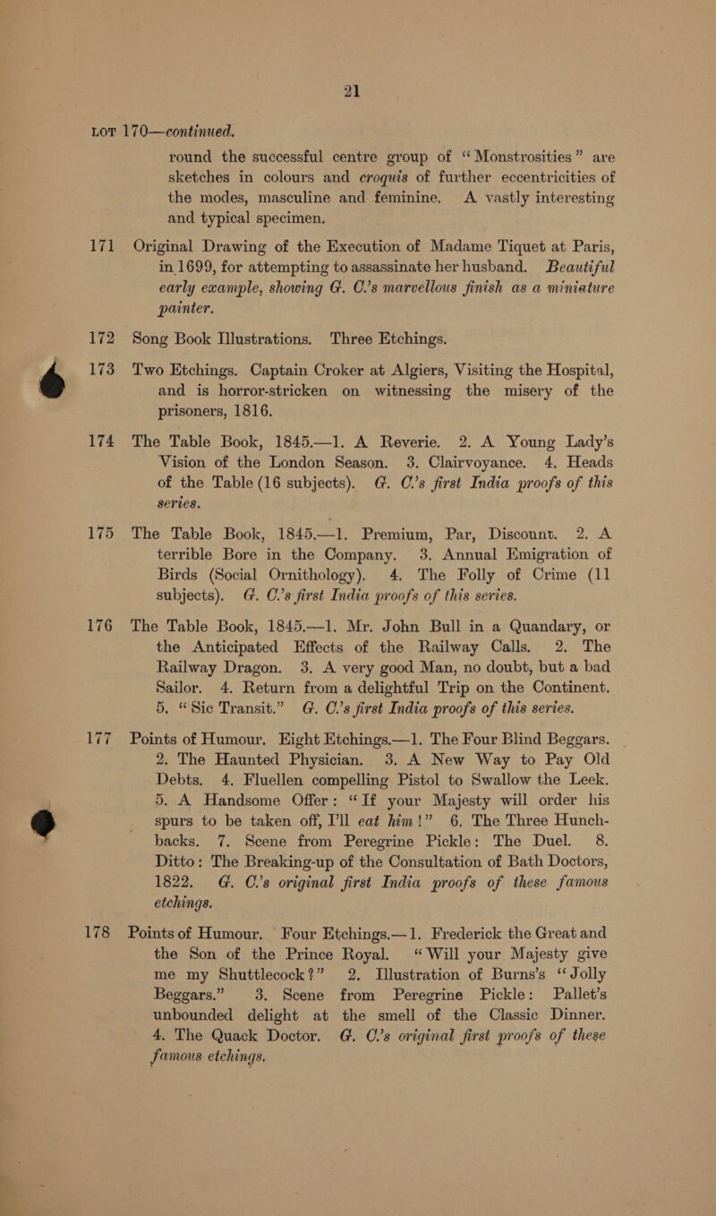 lit 172 173 174 176 177 178 round the successful centre group of ‘“ Monstrosities” are sketches in colours and croquis of further eccentricities of the modes, masculine and feminine. A vastly interesting and typical specimen. Original Drawing of the Execution of Madame Tiquet at Paris, in 1699, for attempting to assassinate her husband. Beautiful early example, showing G. C’s marvellous finish as a miniature painter. Song Book Illustrations. Three Etchings. Two Etchings. Captain Croker at Algiers, Visiting the Hospital, and is horror-stricken on witnessing the misery of the prisoners, 1816. The Table Book, 1845.—l. A Reverie. 2. A Young Lady’s Vision of the London Season. 3. Clairvoyance. 4. Heads of the Table (16 subjects). G. Cs first India proofs of this series. The Table Book, 1845.—1. Premium, Par, Discount. 2. A terrible Bore in the Company. 3. Annual Emigration of Birds (Social Ornithology). 4. The Folly of Crime (11 subjects). G. C.’s first India proofs of this series. The Table Book, 1845.—1. Mr. John Bull in a Quandary, or the Anticipated Effects of the Railway Calls. 2. The Railway Dragon. 3. A very good Man, no doubt, but a bad Sailor. 4. Return from a delightful Trip on the Continent. 5. “Sic Transit.” G. C.’s first India proofs of this series. Points of Humour. Eight Etchings.—1. The Four Blind Beggars. _ 2. The Haunted Physician. 3. A New Way to Pay Old Debts. 4. Fluellen compelling Pistol to Swallow the Leek. 5. A Handsome Offer: “If your Majesty will order his spurs to be taken off, I’ll eat him!” 6. The Three Hunch- backs. 7. Scene from Peregrine Pickle: The Duel. 8. Ditto: The Breaking-up of the Consultation of Bath Doctors, 1822. G. C’s original first India proofs of these famous etchings. Points of Humour. Four Etchings.—1. Frederick the Great and the Son of the Prince Royal. “Will your Majesty give me my Shuttlecock?” 2. Illustration of Burns’s ‘Jolly Beggars.” 3. Scene from Peregrine Pickle: Pallet’s unbounded delight at the smell of the Classic Dinner. 4. The Quack Doctor. G. Cs original first proofs of these famous etchings.