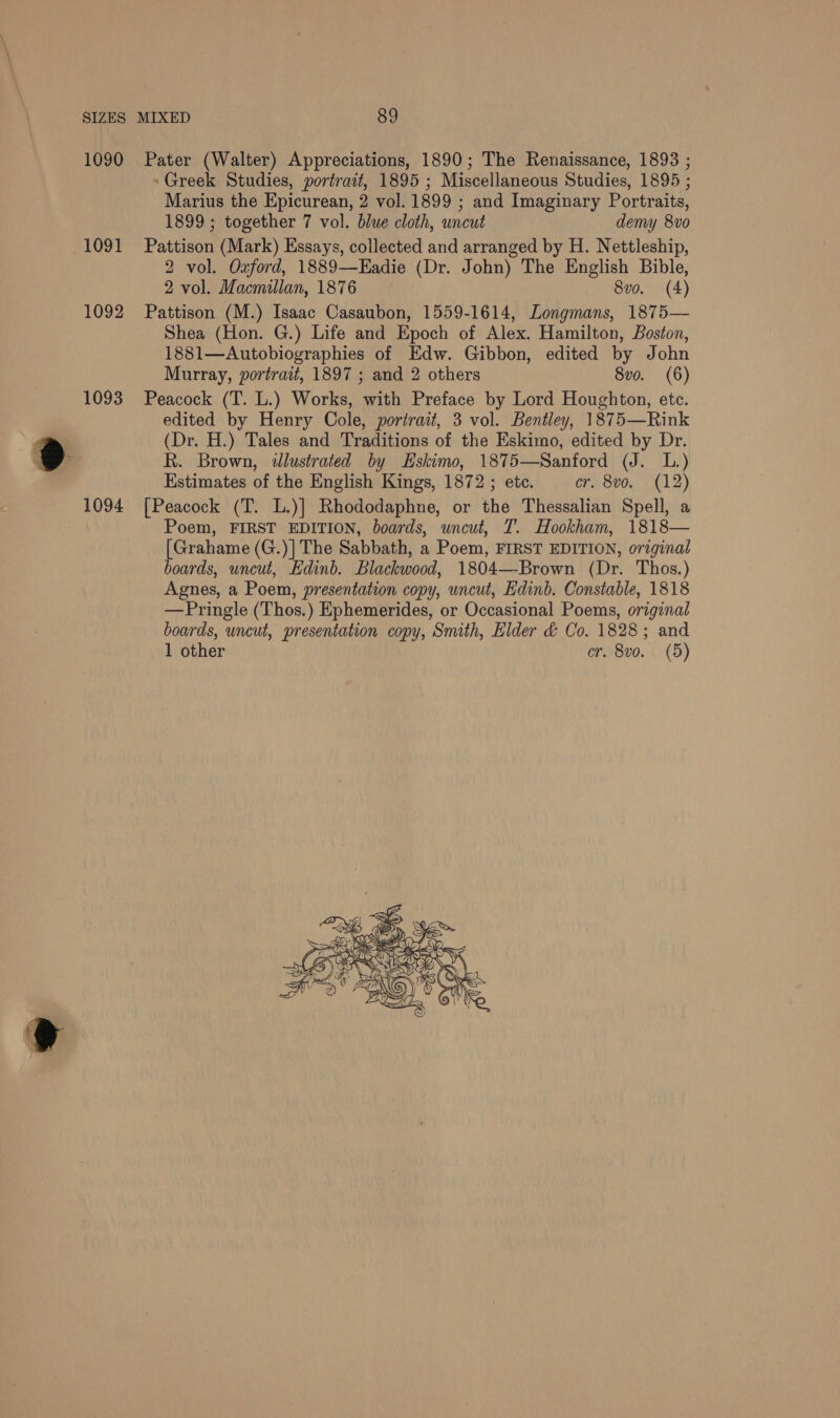 1090 1091 1092 1093 1094 Pater (Walter) Appreciations, 1890; The Renaissance, 1893 ; »Greek Studies, portrait, 1895 ; Miscellaneous Studies, 1895 ; Marius the Epicurean, 2 vol. 1899 ; and Imaginary Portraits, 1899 ; together 7 vol. blue cloth, uncut demy 8vo Pattison (Mark) Essays, collected and arranged by H. Nettleship, 2 vol. Oxford, 1889—Eadie (Dr. John) The English Bible, 2 vol. Macmillan, 1876 8vo. (4) Pattison (M.) Isaac Casaubon, 1559-1614, Longmans, 1875— Shea (Hon. G.) Life and Epoch of Alex. Hamilton, Boston, 1881—Autobiographies of Edw. Gibbon, edited by John Murray, portrait, 1897 ; and 2 others 8vo. (6) Peacock (T. L.) Works, with Preface by Lord Houghton, etc. edited by Henry Cole, portrait, 3 vol. Bentley, 1875—Rink (Dr. H.) Tales and Traditions of the Eskimo, edited by Dr. R. Brown, illustrated by Eskimo, 1875—Sanford (J. L.) Estimates of the English Kings, 1872 ; ete. cr. 8vo. (12) [Peacock (T. L.)] Rhododaphne, or the Thessalian Spell, a Poem, FIRST EDITION, boards, uncut, T. Hookham, 1818— [Grahame (G.)]The Sabbath, a Poem, FIRST EDITION, original boards, uncut, Edinb. Blackwood, 1804—Brown (Dr. Thos.) Agnes, a Poem, presentation copy, uncut, Edinb. Constable, 1818 —Pringle (Thos.) Ephemerides, or Occasional Poems, original boards, uncut, presentation copy, Smith, Elder &amp; Co. 1828; and 1 other cr. 8vo. (5) 