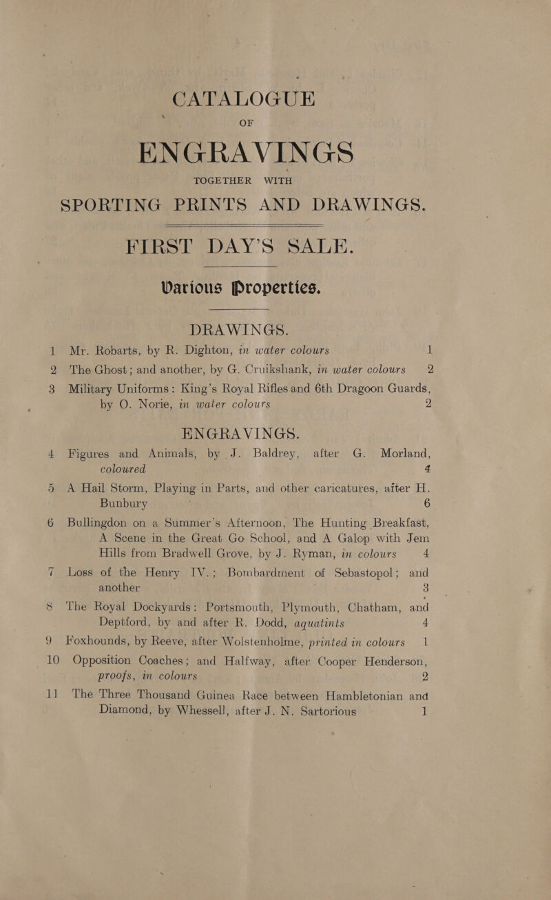 CATALOGUE ENGRAVINGS SPORTING PRINTS AND DRAWINGS.   FIRST DAY’S SALE. Various Properties. DRAWINGS. 1 Mr. Robarts, by R. Dighton, in water colours 1 The Ghost; and another, by G. Cruikshank, in water colours 2 3 Military Uniforms: King’s Royal Riflesand 6th Dragoon Guards, by O. Norie, in water colours 2 ENGRAVINGS. 4 Figures and Animals, by J. Baldrey, after G. Morland, coloured £ 5 A Hail Storm, Playing in Parts, and other caricatures, aiter H. Bunbury 6 6 Bullingdon on a Summer’s Afternoon, The Hunting Breakfast, A Scene in the Great Go School, and A Galop with Jem Hills from Bradwell Grove, by J. Ryman, in colours 4 7 Loss of the Henry IV.; Bombardment of Sebastopol; and another 3 8 The Royal Dockyards: Portsmouth, Plymouth, Chatham, and Depttord, by and after R. Dodd, aquatints 4 9 Foxhounds, by Reeve, after Wolstenholme, printed in colours 1 10 Opposition Coaches; and Halfway, after Cooper Henderson, proofs, im colours 2 11. The Three Thousand Guinea Race between Hambletonian and Diamond, by Whessell, after J. N. Sartorious 1