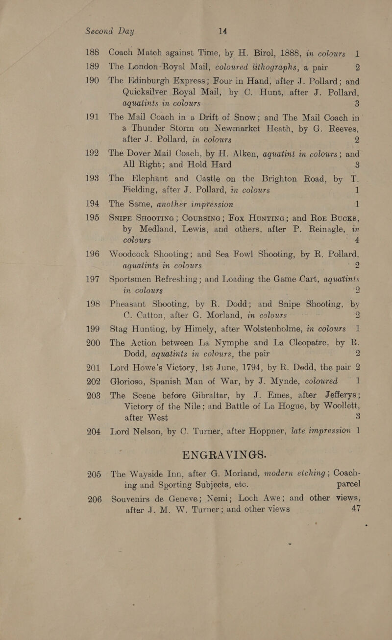 188 189 190 191 192 193 194 195 196 Coach Match against Time, by H. Birol, 1888, in colours 1 The London- Royal Mail, coloured lithographs, a pair 2 The Edinburgh Express; Four in Hand; after J. Pollard; and Quicksilver Royal Mail, by C. Hunt, after J. Pollard, aquatints in colours 3 The Mail Coach in a Drift of Snow; and The Mail Coach in’ a Thunder Storm on Newmarket Heath, by G. Reeves, after J. Pollard, in colours 2 The Dover Mail Coach, by H. Alken, aquatint in colours ; and All Right; and Hold Hard 3 The Elephant and Castle on the Brighton Road, by T. Wielding, after J. Pollard, in colours J The Same, another impression a) SnriPE SHOOTING; CoursING; Fox Huntine; and Ror Buoks, by Medland, Lewis, and others, after P. Reinagle, in colours 4 Woodcock Shooting; and Sea Fowl Shooting, by R. Pollard, aquatints in colours | 2 Sportsmen Refreshing; and Loading the Game Cart, aquatints in colours | 2 Pheasant Shooting, by R. Dodd; and Snipe Shooting, by C. Catton, after G. Morland, in colours &lt;«~ © 2, Stag Hunting, by Himely, after Wolstenholme, in colours 1 The Action between La Nymphe and La Cleopatre, by R. Dodd, aquatints in colours, the pair 2 Lord Howe’s Victory, 1st June, 1794, by R. Dedd, the pair 2 Glorioso, Spanish Man of War, by J. Mynde, coloured 1 The Scene before Gibraltar, by J. Emes, after Jefferys; Victory of the Nile; and Battle of La Hogue, by Woollett, after West 3 Lord Nelson, by C. Turner, after Hoppner, late impression 1 ENGRAVINGS. » The Wayside Inn, after G. Morland, modern etching ; Coach- ing and Sporting Subjects, etc. parcel Souvenirs de Geneve; Nemi; Loch Awe; and other views,