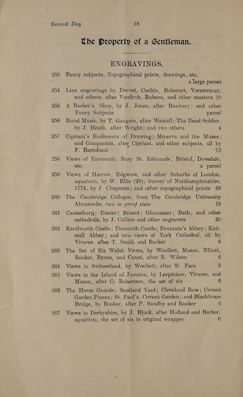 266 267 The Property of a Gentleman. ENGRAVINGS. Fancy subjects, Topographical prints, drawings, etc. a large parcel and others, after Vandyck, Rubens, and other masters 19 A Barber’s Shop, by J. Jones, after Bunbury; and other Fancy Subjects parcel Rural Music, by T. Gaugain, after Westall; The Dead ‘Soldier, by J. Heath, after Wright; and two others 4 Cipriani’s Rudiments of Drawing; Minerva and the Muses; and Companion, after Cipriani, and other subjects, all by F. Bartolozzi 13 Views of Yarmouth; Bury St. Edmunds; Bristol, Dovedale, ete. a parcel Views of Harrow, Edgware, and other Suburbs of London, aquatints, by W. Ellis (29); Survey of Northamptonshire, 1774, by J. Chapman; and other topographical prints 68 The Cambridge Colleges, from The Cambridge University Almanacks, two im proof state ) 19 Canterbury; Exeter; Bristol ; Gloucester; Bath; and other cathedrals, by J. Collins and other engravers 20 Kenilworth Castle; Tinmouth Castle; Fountain’s Abbey ; Kirk- stall Abbey; and two views of York Cathedral, all by Vivares, after T. Smith and Barker 6 The Set of Six Welsh Views, by Woollett, Mason, Elliott, Rooker, Byrne, and Canot, after R. Wilson 6 Views in Switzerland, by Woollett, after W. Pars 5 Views in the Island of Jamaica, by Lerpiniere, Vivares, and Mason, after G. Robertson, the set of six 6 The Horse Guards; Scotland Yard; Cleveland Row; Covent Garden Piazza; St. Paul’s, Covent Garden ; and Blackfriars Bridge, by Rooker, after P. Sandby and Rooker 6 Views in Derbyshire, by J. Bluck, after Hofland and Barber,