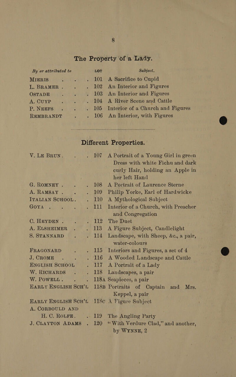 MIERIS L. BRAMER . OSTADE A. CUYP P. NEEFS REMBRANDT 101 102 103 104 105 106 A Sacrifice to Cupid An Interior and Figures An Interior and Figures A River Scene and Cattle Interior of a Church and Figures An Interior, with Figures  V. LE BRUN. G. ROMNEY . A. RAMSAY . ITALIAN SCHOOL. GOYA C. HEYDEN . A. ELSHEIMER S. STANNARD FRAGONARD J. CROME ENGLISH SCHOOL W. RICHARDS W. POWELL. ‘ EARLY ENGLISH SCH’ EARLY ENGLISH SCH’L A. CORBOULD AND H. C. ROLFE. J. CLAYTON ADAMS , 107 108 109 110 eke 112 113 114 115 116 117 118 118A 118B 118¢ 120 A Portrait of a Young Girl in green Dress with white Fichu and dark curly Hair, holding an Apple in her left Hand A Portrait of Laurence Sterne Philip Yorke, Earl of Hardwicke A Mythological Subject Interior of a Church, with Preacher and Congregation The Duet A Figure Subject, Candlelight Landscape, with Sheep, &amp;c., a pair, water-colours Interiors and Figures, a set of 4 A Wooded Landscape and Cattle A Portrait of a Lady Landscapes, a pair Seapieces, a pair Portraits of Captain and Mrs. Keppel, a pair A Figure Subject The Angling Party ** With Verdure Clad,” and another, by WYNNE, 2  