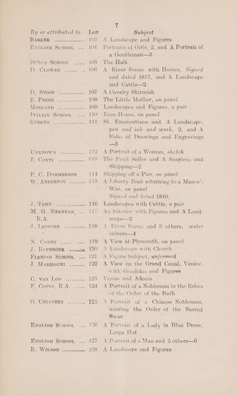 BARKER 108 EnGLisa ScHoo, ... 104 @eeeeceseer oe eens DitocH SCHOGI, ..... 105 IDs CrOownhHe» .).<< 106 PS POOP a. esc yess 107 Poe oP ROHL eee Riese secs, 108 IVEORIAITD: (3255.82.54 109 TTALIAN SCHOOL 110 FUUBEING! | oe ee lids 144 OINICNOWIN “Newlere cask 142 AO ONT sacs c de ce iaeaes £43 P. C. DoMMERSON 114 W, ANDERTON ....0005 ae: J See 2S 116 M. G. Brennan, ... 117 RA. a. JURSSORE: ... 2c 118 Ne CONEY 7... 3: a. PS J, RATHBONE ...i.a 120 FLEMISH ScHOOL 121 J -MARINGOHY «....... 122 Cc VAN OOP ai vev cee 1238 He COreS Bike ances 124 G. CHINNERY ..:...... 125 ENGLISH ScHOOL 1236 Ewaeuisu ScHoout ... 127 Ri, WiAbSON «c.tectnss tc. 128 A Landscape and Figures Portraits of Girls, 2, and A Portrait of a Gentleman—3 A River Scene with Horses, Signed and dated 1817, and A Landscape and Cattle—2 A Cavalry Skirmish The Little Mother, on panel Landscapes and Figures, a pair Kicce Homo, on panel St. Emerentiana and A Landscape, pen and ink and wash, 2, and A oho of Drawings and Hngravings aS A Portrait of a Woman, sketch The Fruit Seller and A Seapiece and Shippinge—2 Shipping off a Pier, on panel A liberty Boat returning to a Man-o’- War, on panel Signed and dated 1810. Landscapes with Cattle, a pair An fnterior with Figures and A Land- scape—2 A River Scene and 8 others, water colours—4 A View at Plymouth, on panel A Tiandseape with Church A Figure Subject, unframed i A View on the Grand Canal, Venice, with Gondolas and Figures Venus and Adonis A Portrait of a Nobleman in the Robes ef the Order of the Bath A Portrait of a Chinese Nobleman, wearing the Order of the Sacred Swan A Portrait of a Lady in Blue Dress, Large Hat A Portrait of a Man and 5 others—6 A Landscape and Figures |
