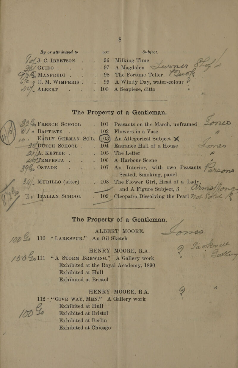  By or attributed to LOT Subject. od J.C. IppeTson . . 96 Milking Time | LG é Fs 4 &amp;, MANFREDI . ag . 98 The Fortune Teller YOu * 6/2 » KM. Waste mis : . 99 A Windy Day, water-colour r 37 ALBERT : ; . 100 A Seapiece, ditto r f # The Property of a Gentleman. > 4, 0 : ; / - G2 4 FRENCH SCHOOL . 101 Peasants on the March, unframed ~—?7 2£2 O / an BAPTISTE i 102 Flowers in a Vase 4 /@ Pine GERMAN S0o’L. - @3) An Allegorical Subject % Fr 46h DUTCH SCHOOL . . 104 Entrance Hall of a House ct~gmte Bh. /A.Kusver . . . 105. The Letter Sik pe S(COTEMPESTA . ; . 106 A Harbour Scene yy be ae OSTADE L ; . 107 An Interior, with two Peasants K typ : Seated, Smoking, panel M4 yy, MuRILLO (after ) . 108 The Flower Girl, Head of a ae Ss and A Figure Subject, 3 orsioh i, Cre “fs Se Tania SCHOOL . 109 Cleopatra Dissolving the Pearl 7; t SH oe, AG Yas —4 The Property of a Gentleman. } y ALBERT MOORE. hi 7 EPPO SEO &amp;, 110 “LARKSPUR.” An Oil Sketch 2 es Q Sacha 2 HENRY MOORH, R.A. w, we SEO S, lll “A STORM BREWING.” A Gallery work mA ey ae, atia-y Exhibited at the Rows Academy, 1890 Exhibited at Hull Exhibited at Bristol HENRY MOORE, R.A. 2 ss 112 ~ “Give way, MEN.” A Gallery work G, Exhibited at Hull VEZ, Exhibited at Bristol Exhibited at Berlin Exhibited at Chicago