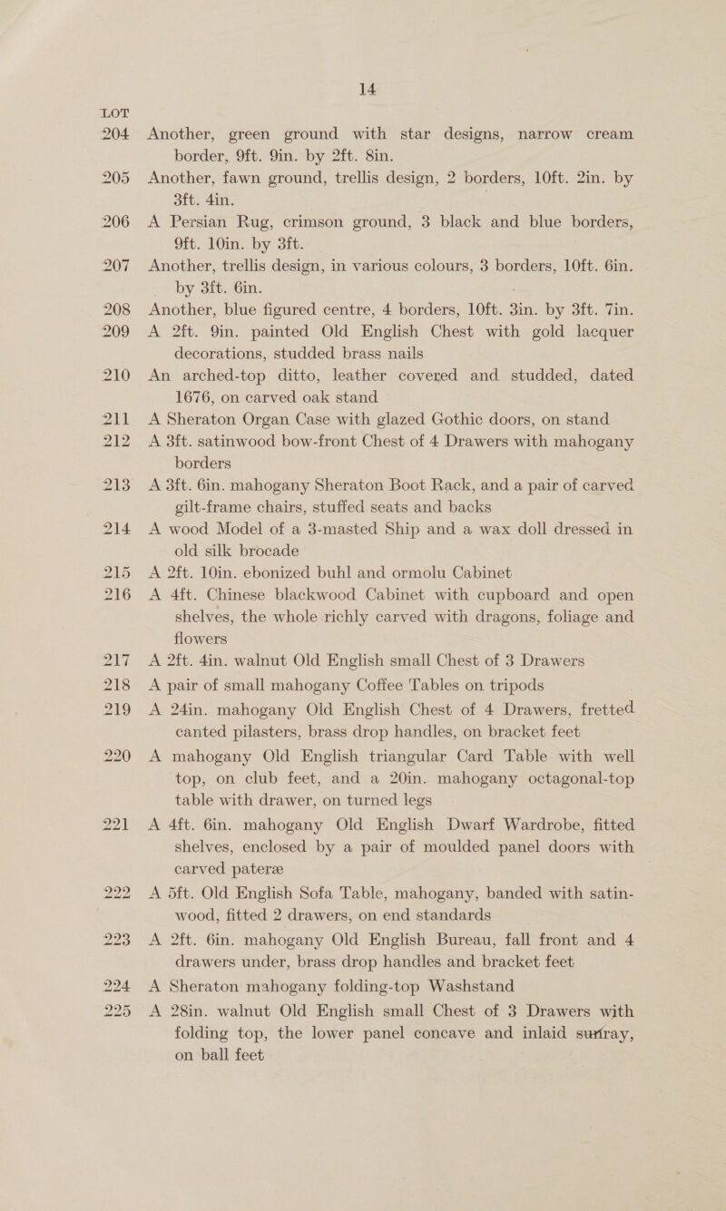221 Another, green ground with star designs, narrow cream Another, fawn ground, trellis design, 2 borders, 10ft. 2in. by 3ft. din. ; A Persian Rug, crimson ground, 3 black and blue borders, 9ft. 10in. by 3ft. Another, trellis design, in various colours, 3 borders, 10ft. 6in. Another, blue figured centre, 4 borders, 10ft. 3in. by 3ft. 7in. A 2ft. 9in. painted Old English Chest with gold lacquer decorations, studded brass nails An arched-top ditto, leather covered and studded, dated 1676, on carved oak stand A Sheraton Organ Case with glazed Gothic doors, on stand A 3ft. satinwood bow-front Chest of 4 Drawers with mahogany borders A 3ft. 6in. mahogany Sheraton Boot Rack, and a pair of carved gilt-frame chairs, stuffed seats and backs A wood Model of a 3-masted Ship and a wax doll dressed in old silk brocade A 2ft. 10in. ebonized buhl and ormolu Cabinet A 4ft. Chinese blackwood Cabinet with cupboard and open shelves, the whole richly carved with dragons, foliage and flowers A 2ft. 4in. walnut Old English small Chest of 3 Drawers A pair of small mahogany Coffee Tables on tripods A 24in. mahogany Old English Chest of 4 Drawers, fretted canted pilasters, brass drop handles, on bracket feet A mahogany Old English triangular Card Table with well top, on club feet, and a 20in. mahogany octagonal-top table with drawer, on turned legs A 4ft. 6in. mahogany Old English Dwarf Wardrobe, fitted shelves, enclosed by a pair of moulded panel doors with carved pateree A 5ft. Old English Sofa Table, mahogany, banded with satin- wood, fitted 2 drawers, on end standards | A 2ft. 6in. mahogany Old English Bureau, fall front and 4 drawers under, brass drop handles and bracket feet A Sheraton mahogany folding-top Washstand A 28in. walnut Old English small Chest of 3 Drawers with folding top, the lower panel concave and inlaid surtray, on ball feet