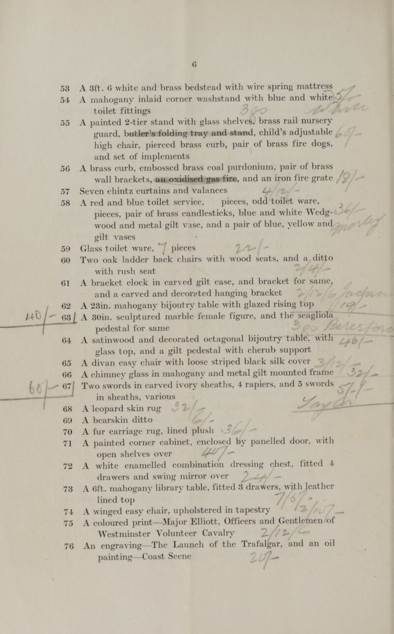 yd |- eel 53 A 3ft. 6 white and brass bedstead with wire spring mattress 54 A mahogany inlaid corner washstand with blue and white} toilet fittings 4) 55 &lt;A painted 2-tier stand with glass hekrale brass rail nursery guard, butler’s*folding tray and.stand, child’s adjustable /, high chair, pierced brass curb, pair, of brass fire dogs, . and set of implements 56 A brass curb, embossed brass coal purdonium, pair of brass : wall brackets, amoxidisedegasfire, and an iron fire grate /y 57 Seven chintz curtains and valances Lh//2/ - 58 &lt;A red and blue toilet service, pieces, odd toilet ware, pieces, pair of brass candlesticks, blue and white Wedg-«~* wood and metal gilt vase, and a pair of blue, yellow and_, gilt vases 59 Glass toilet ware, T pieces L7-/- 60 Two oak ladder back chairs with uo seats, ae a, a with rush seat off 61 A bracket clock in carved gilt case, and bracket toe same, and a carved and decoreted hanging bracket | 62 A 23in. mahogany bijoutry table with glazed rising top SG 63] A 30in. sculptured marble female figure, and the sscaghiols 7 pedestal for same 64 A satinwood and decorated octagonal bijoutry rapfe- Su 26 glass top, and a gilt pedestal with cherub support 7 65 &lt;A divan easy chair with loose striped black silk cover si 66 A chimney glass in mahogany and metal gilt mounted frame « 32 “ 67 . Two swords in carved ivory sheaths, 4 rapiers, and 5 swords |. 4 ' in sheaths, various -. ot “ 68 Alleopard skinrug VO 2/- A A 69 &lt;A bearskin ditto 70 A fur carriage rug, lined fash 3 71 &lt;A painted corner cabinet, enclosed by panelled door, with open shelves over Ye /- 72 A white enamelled combination dressing chest, fitted 4 drawers and swing mirror over 7 73 A 6f{t. mahogany library table, fitted 3 ‘drawers, with leather lined top - S/-. 74 A winged easy chair, upholstered in tapestry - 2 75 A coloured print—Major Elliott, Officers and Geitieteen of Westminster Volunteer Cavalry L//zd 76 An engraving—The Launch of the Trafalgar, bud an oil 6  painting—Coast Scene 9 Sf