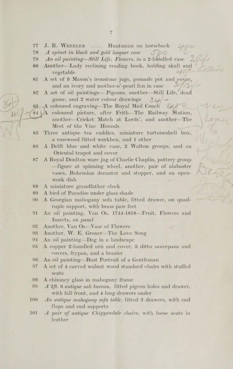 77 78 79 80 81 82 ~ J. R. WHEELER ........ Huntsman on horseback A spinet in black and gold lacquer case SO An oil painting—Still Life, Flowers, in a 2-h&amp;ndled vase vegetable fe A set of 3 Mason’s ironstone jugs, pomade pot and cover, and an ivory and mother-o’-pearl fan in case = | A set of oil paintings— Pigeons. another—Still Life,’ dead game, and 2 water colour drawings = 224/ = - another—Cricket Match at Lords’, and another—The 85 86 87 88 89 90 91 92 93 94. 95 96 97 98 99 100 101 Meet of the Vine Hounds Three antique tea caddies, miniature tortoiseshell box, a rosewood fitted workbox, and 1 other A Delft blue and white vase, 2 Walton groups, and an Oriental teapot and cover A Royal Doulton ware jug of Charlie Chaplin, pottery group —figure at spinning wheel, another, pair of alabaster work dish A miniature grandfather clock A bird of Paradise under glass shade A Georgian mahogany sofa table, fitted drawer, on quad- ruple support, with brass paw feet An oil painting, Van Os, 1744-1818—Fruit, Flowers and Insects, on panel Another, Van Os—Vase of Flowers Another, W. E. Grouer—The Love Song An oil painting—Dog in a landscape A copper 2-handled urn and cover, 3 ditto saucepans and covers, frypan, and a brazier An oil painting—Bust Portrait of a Gentleman A set of 4 carved walnut wood standard chairs with stuffed seats A chimney glass in mahogany frame A 2ft. 6 antique oak bureau, fitted pigeon holes and drawer, with fall front, and 4 long drawers under An antique mahogany sofa table, fitted 2 drawers, with end flaps and end supports A pair of antique Chippendale chairs, with loose seats in leather nal