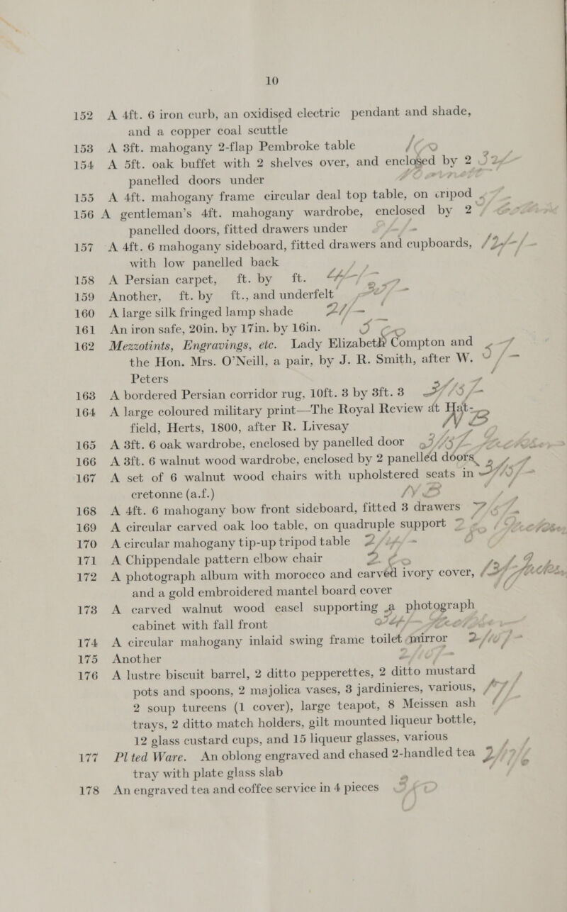 10 A 4ft. 6 iron curb, an oxidised electric pendant and shade, and a copper coal scuttle ‘ A 38ft. mahogany 2-flap Pembroke table Ga? ts A 5ft. oak buffet with 2 shelves over, and one hes SZ , panetled doors under ’ Ket hl A 4ft. mahogany frame circular deal top table, on Saad . panelled doors, fitted drawers under . Pig A 4ft. 6 mahogany sideboard, fitted drawers and cupboards, / 2/-/- with low panelled back . A Persian carpet, ft. by ft. Zz —/ — ea Another, ft. by ft., and underfelt yr : A large silk fringed lamp shade Lifl—- An iron safe, 20in. by 17in. by 16in. A Mezzotints, Engravings, etc. Lady BlizabetlS Poewnten and « -f the Hon. Mrs. O’Neill, a pair, by J. R. Smith, after W. “ Y a Peters A bordered Persian corridor rug, 10ft. 3 by 3ft. 3 A large coloured military print—The Royal Review 4 Wes field, Herts, 1800, after R. Livesay A 3ft. 6 oak wardrobe, enclosed by panelled door WAyA A 3ft. 6 walnut wood wardrobe, enclosed by 2 panelléd dor y ee A set of 6 walnut wood chairs with upholstered seats in AS / cretonne (a.f.) IY £3 Va A 4ft. 6 mahogany bow front sideboard, fitted 3 drawers 7 fe, A circular carved oak loo table, on quadruple support © eo VA: Ve chee a | A circular mahogany tip-up tripod table a / if) a A Chippendale pattern elbow chair 2. ¢ > f 2 F A photograph album with morocco and carve ivory cover, (39 eMC, and a gold embroidered mantel board cover U A carved walnut wood easel supporting Ff pistaprans eabinet with fall front Q/ of VE. H: A circular mahogany inlaid swing frame toilet. mirror 2fi 7 . Another . A lustre biscuit barrel, 2 ditto pepperettes, 2 ditto mustard P pots and spoons, 2 majolica vases, 3 jardinieres, various, Fay f 2 soup tureens (1 cover), large teapot, 8 Meissen ash ¢, trays, 2 ditto match holders, gilt mounted liqueur bottle, 12 glass custard cups, and 15 liqueur glasses, various J Plted Ware. An oblong engraved and chased 2- handled tea Uhr tray with plate glass slab Cel