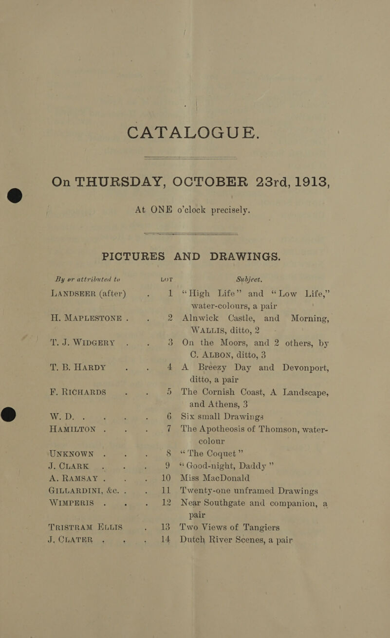     By or attributed to LANDSEER (after) Ld. IDGERY T. B. HARDY F. RICHARDS W. D. HAMILTON UNKNOWN J. CLARK _. A. RAMSAY . WIMPERIS TRISTRAM ELLIS J, CLATER we Subject. ‘‘Tueh sare and “Low Lite,” water-colours, a pair Alnwick Castle, and Morning, WALLIS, ditto, 2 On the Moors, and 2 others, by C. ALBON, ditto, 3 A Breezy Day and Devonport, ditto, a pair The Cornish Coast, A Landscape, and Athens, 3 Six small Drawings The Apotheosis of Thomson, water- colour “The Coquet ” ‘** Good-night, Daddy ” Miss MacDonald Twenty-one unframed Drawings Near Southgate and companion, a pair Two Views of Tangiers Dutch River Scenes, a pair