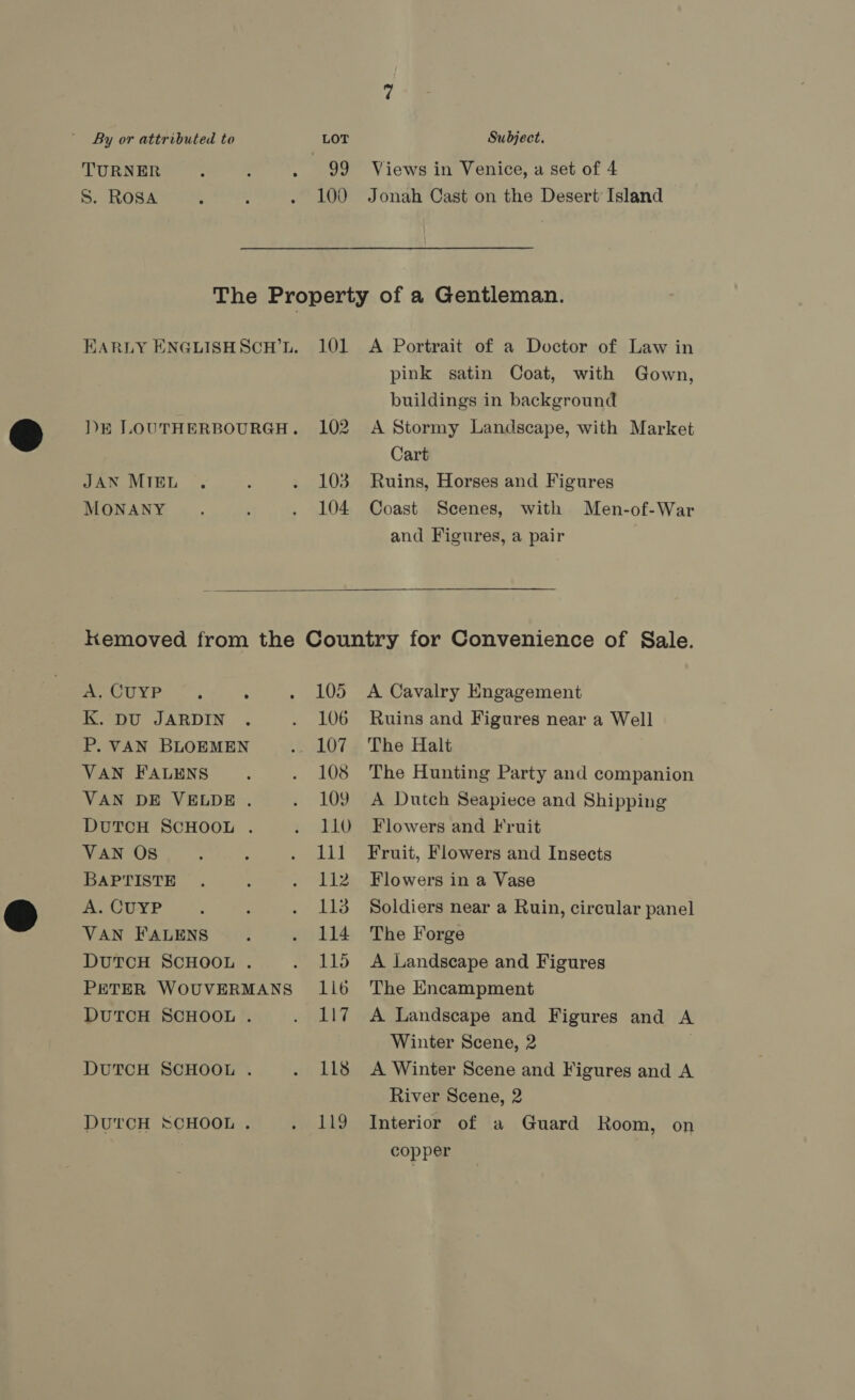 TURNER S. ROSA 100 Views in Venice, a set of 4 Jonah Cast on the Desert Island JAN MIEL MONANY 101  A Portrait of a Doctor of Law in pink satin Coat, with Gown, buildings in background A Stormy Landscape, with Market Cart Ruins, Horses and Figures Coast Scenes, with Men-of-War and Figures, a pair A, CUYP : : K. DU JARDIN P. VAN BLOEMEN VAN FALENS VAN DE VELDE . DUTCH SCHOOL . VAN OS BAPTISTE A. CUYP VAN FALENS DUTCH SCHOOL . PETER WOUVERMANS DUTCH SCHOOL . DUTCH SCHOOL . DUTCH SCHOOL . 105 106 107 108 109 110 111 112 113 114 115 116 117 118 jie A Cavalry Engagement Ruins and Figures near a Well The Halt The Hunting Party and companion A Dutch Seapiece and Shipping Flowers and Fruit Fruit, Flowers and Insects Flowers in a Vase Soldiers near a Ruin, circular panel The Forge A Landscape and Figures The Encampment A Landscape and Figures and A Winter Scene, 2 : A Winter Scene and Figures and A River Scene, 2 Interior of a Guard Room, on copper