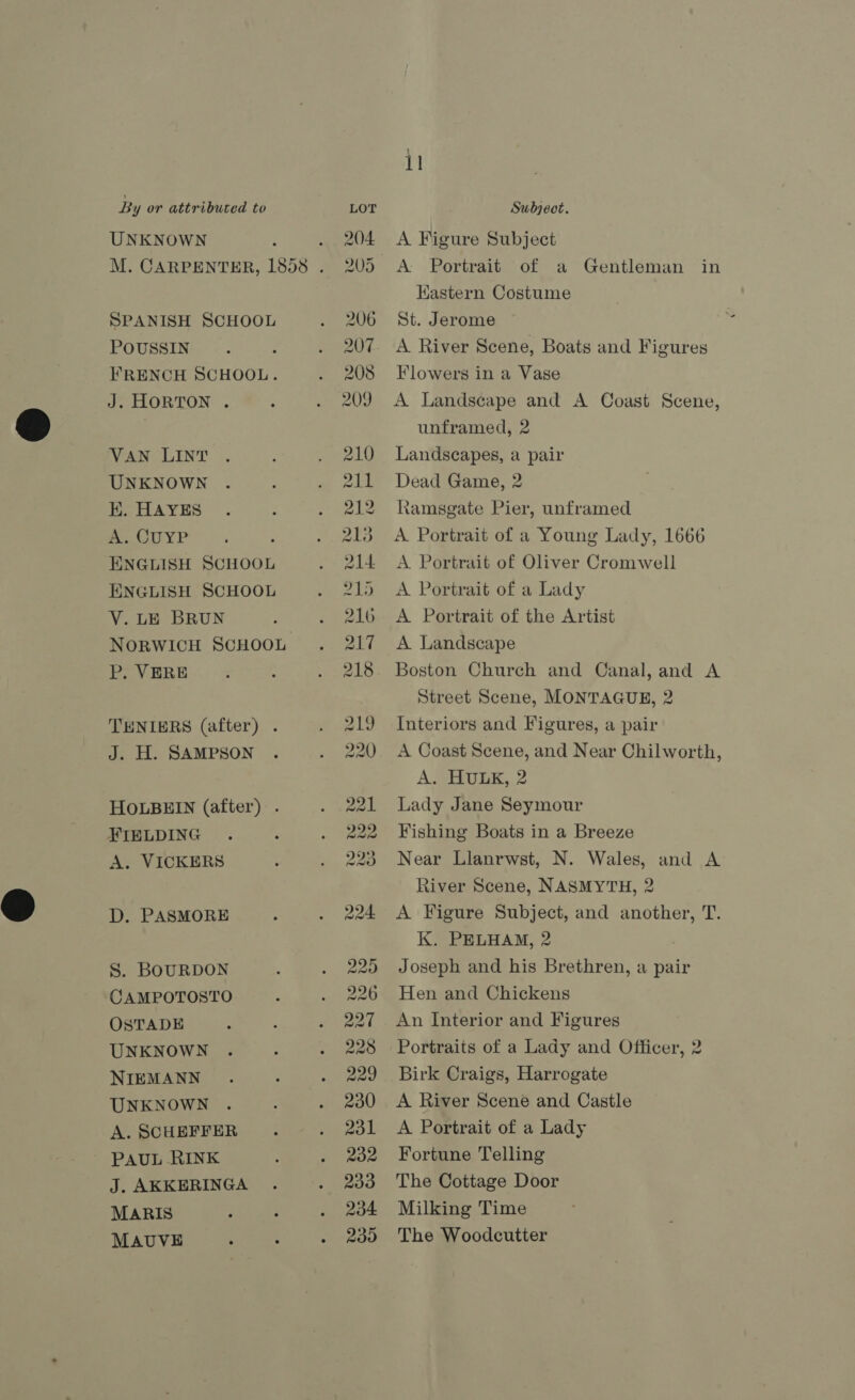 UNKNOWN SPANISH SCHOOL POUSSIN FRENCH SCHOOL. J. HORTON . VAN LINT UNKNOWN EK. HAYES A. CUYP ENGLISH SCHOOL ENGLISH SCHOOL V. LE BRUN NORWICH SCHOOL Pp. VERE TENIERS (after) . J. H. SAMPSON HOLBEIN (after) . FIELDING A. VICKERS D. PASMORE S. BOURDON CAMPOTOSTO OSTADE UNKNOWN NIEMANN UNKNOWN A. SCHEFFER PAUL RINK J. AKKERINGA MARIS MAUVE 11 A Figure Subject A Portrait of a Gentleman in Kastern Costume St. Jerome A River Scene, Boats and Figures Flowers in a Vase A Landscape and A Coast Scene, unframed, 2 Landscapes, a pair Dead Game, 2 Ramsgate Pier, unframed A Portrait of a Young Lady, 1666 A Portrait of Oliver Cromwell A Portrait of a Lady A Portrait of the Artist A Landscape Boston Church and Canal, and A Street Scene, MONTAGUE, 2 Interiors and Figures, a pair A Coast Scene, and Near Chilworth, A. HULK, 2 Lady Jane Seymour Fishing Boats in a Breeze Near Llanrwst, N. Wales, and A River Scene, NASMYTH, 2 A Figure Subject, and another, T. K. PELHAM, 2 Joseph and his Brethren, a pair Hen and Chickens An Interior and Figures Portraits of a Lady and Officer, 2 Birk Craigs, Harrogate A River Scene and Castle A Portrait of a Lady Fortune Telling The Cottage Door Milking Time The Woodcutter
