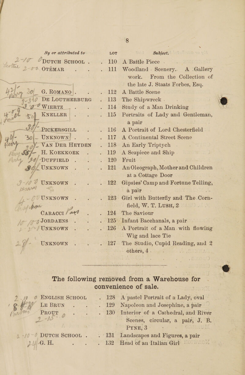 1) nw gf Spr fj ate 6 De Pen SCHOOE .. 0. OTEMAR day 20, G. ROMANO). 9-470 Di LOUTHERBURG 3 OP WIERTZ 4 So So| KNELLER . it df | ms   PICKERSGILL _ Unknown!  hy, ‘24/' DUFFIELD IG) / UNKNOWN Js F id i, een er prt UNKNOWN Avie J Caraccr / #4 > 7 UNKNOWN 9 y - UNKNOWN A. Battle Piece . | : Woodland . Scenery.. A - Gallery work. From the Collection of the late J. Staats Forbes, Esq. A. Battle Scene | The Shipwreck . 7 e Study of a Man. Drinking 3 x Portraits of Lady and Gentleman, a pair A Portrait of Lott Chesterfield A Continental Street Scene An Early Triptych A Seapiece and Ship Fruit An Oleograph, Mother and Children at a Cottage Door Gipsies’ Camp and Fortune Telling, a pair Girl with Butterfly and The. Corn. field, W. T. LUSH, 2. The Saviour A. Portrait of a Man. with flowing Wig and lace Tie The Studio, Cupid had and 2 others, 4 . ee ee « &amp; ENGLISH SCHOOL ’ LE BRUN PROUT (qe —~ 9 » 2.G Soe 7 _Wa . ' DUTCH SCHOOL . 128 iz 130 131 132 A pastel Portrait of a Laas oval — Napoleon and Josephine, a pair : Interior of a Cathedral, and River Scenes, circular, a pair, J.B. PYNE, 3 | oa Landscapes and Figures, a pair Head of an Ttalian Girl -~