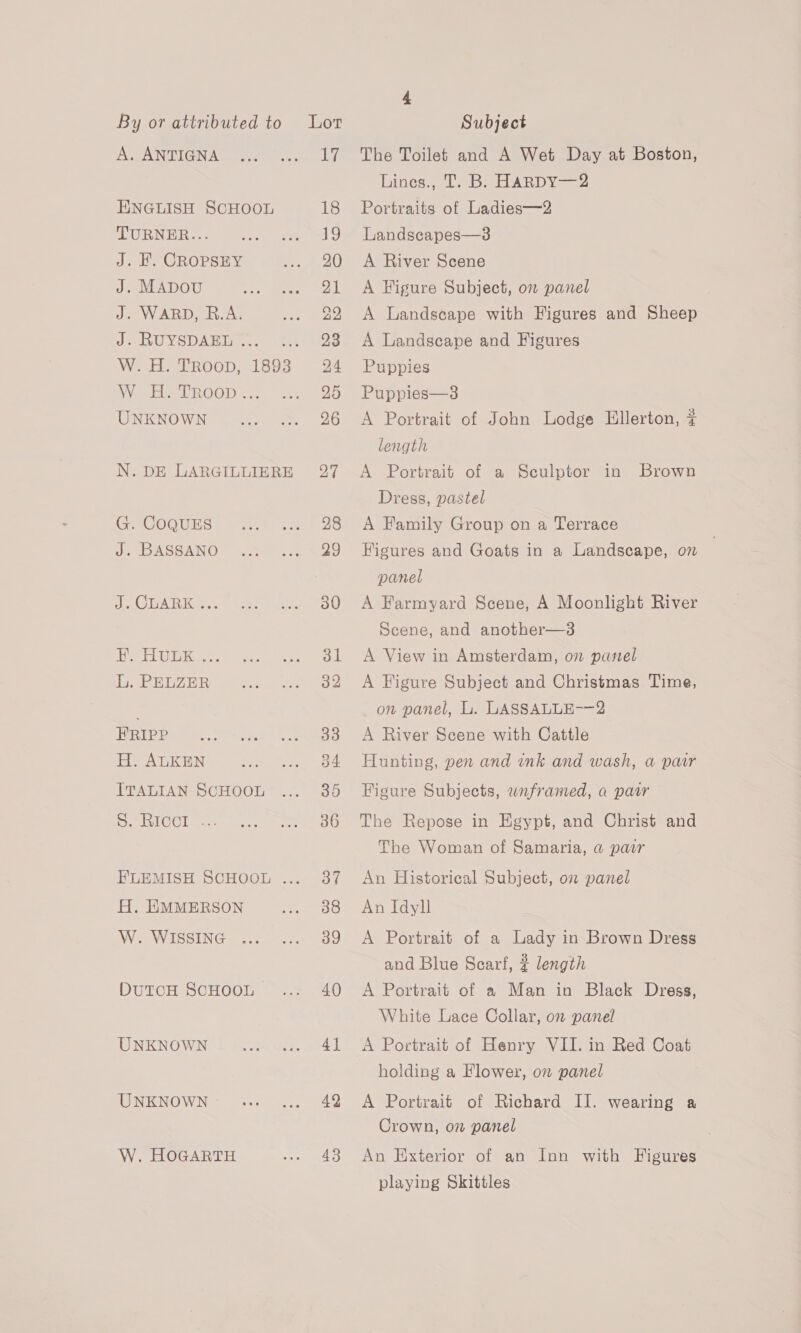 A. ANTIGNA ENGLISH SCHOOL TURNER... J. H. CROPSEY J. MADOU J. WARD, R.A. Ja RUYSDAEG ... »23) W.H. TROoD, 1893 VY EL ROOD <.. UNKNOWN N. DE LARGILLIERE G. COQUES J. BASSANO Lac R Kas. eG ae L. PELZER ERIPP H. ALKEN ITALIAN SCHOOL BS, SEVLOGT cane H, EMMERSON W. WISSING DuTCH SCHOOL UNKNOWN UNKNOWN W. HOGARTH 24 The Toilet and A Wet Day at Boston, Lines, T. B. HARDY—2 Portraits of Ladies—2 Landscapes—3 A River Scene A Figure Subject, on panel A Landscape with Figures and Sheep A Landscape and Figures Puppies Puppies—3 A Portrait of John Lodge Hllerton, ¢ length A Portrait of a Sculptor in Brown Dress, pastel A Family Group on a Terrace Figures and Goats in a Landscape, on panel A Farmyard Scene, A Moonlight River Scene, and another—3 A View in Amsterdam, on panel A Figure Subject and Christmas Time, on panel, L. LASSALLE-—2 A River Scene with Cattle Hunting, pen and ink and wash, a pair Figure Subjects, wuframed, a pair The Repose in Egypt, and Christ and The Woman of Samaria, a pair An Historical Subject, on panel An Idyll A Portrait of a Lady in Brown Dress and Blue Scarf, # length A Portrait of a Man in Black Dress, White Lace Collar, on panel A Portrait of Henry VII. in Red Coat holding a Flower, on panel A Portrait of Richard II. wearing a Crown, on panel An Exterior of an Inn with Figures playing Skittles
