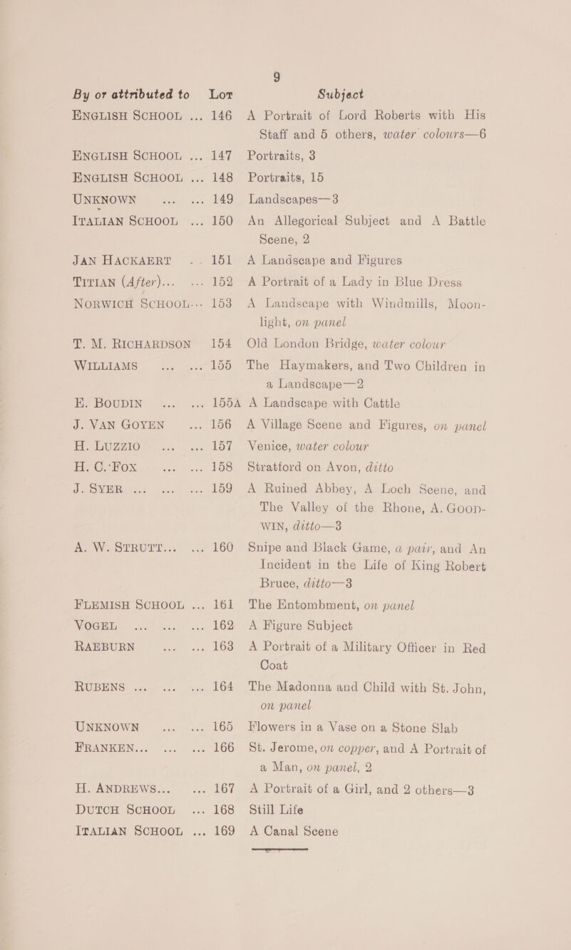 ENGLISH SCHOOL ... 146 A Portrait of Lord Roberts with His Staff and 5 others, water colowrs—6 ENGLISH SCHOOL ... 147 Portraits, 3 ENGLISH SCHOOL ... 148 Portraits, 15 UNKNOWN ss’ s« 149 -Landscapes—3 ITALIAN SCHOOL ... 150 An Allegorical Subject and A Battle Scene, 2 JAN HACKAERT .. 151 A Landscape and Figures TITIAN (After)... ... 152 A Portrait of a Lady in Blue Dress Norwich ScHoou... 1538 &lt;A Landscape with Windmills, Moon- hght, on panel T. M. RICHARDSON 154 Old London Bridge, water colour WILLIAMS .:.. ... 155 The Haymakers, and Two Children in a Landscape—2 EY BOUDIN ...... 155A A Landscape with Cattle J. VAN GOYEN ... 156 A Village Scene and Figures, on panel Hl LUZzZ1I0 ~~ ... .. 157 Venice, water colour EEC. Fox ... .. 158 Stratford on Avon, ditto J.SYER ... ... ... 159 A Ruined Abbey, A Loch Scene, and The Valley of the Rhone, A. Goon- WIN, ditto—3 A. W. STRUTT... ... 160 Snipe and Black Game, a pat, and An Incident in the Life of King Robert Bruce, ditto—3 FLEMISH SCHOOL ... 161 The Entombment, on panel WOGe «&lt;4... ... 162 -A Figure Subject RAEBURN ... 163 A Portrait of a Military Officer in Red Coat RUBENS ... ... ... 164 The Madonna and Child with St. John, on panel UNKNOWN ....__... 165 Flowers in a Vase on a Stone Slab FRANKEN... ... ... 166 St. Jerome, on copper, and A Portrait of a Man, on panel, 2 H. ANDREWS... ... 167 A Portrait of a Girl, and 2 others—3 DutcH ScHOOL ... 168 Still Life ITALIAN SCHOOL ... 169 A Canal Scene 