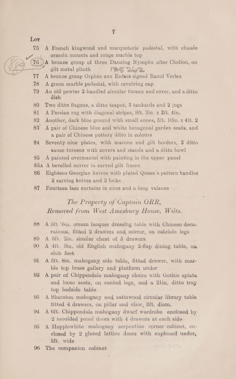 75 <A French kingwood and marqueterie pedestal, with chasde es ormolu mounts and rouge marble top f 4 ca) (76. Da bronze group of three Dancing Nymphs after Clodion, on i a oo eee gilt metal plinth [Bots “Oto. aaa 77 A bronze group Orphée aux Enfers signed Raoul Verlex 78 - A green marble pedestal, with revolving cap 79 An old pewter 2-handled circular tureen and cover, and a ditto dish 80 Two ditto flagons, a ditto teapot, 3 tankards and 2 jugs 81 A Persian rug with diagonal stripes, 8ft. Qin. x 3ft. 4in. 82 Another, dark blue ground with small cones, 5ft. 10in. x 4ft. 2 83° A pair of Chinese blue and white hexagonal garden cone and a pair of Chinese pottery ditto in colours 84 Seventy-nine plates, with marone and gilt borders, 3 ditto sauce tureens with covers and stands and a ditto bowl 85 . A painted overmantel with painting in the upper panel 854 A bevelled mirror in carved gilt frame 86 Highteen Georgian knives with plated Queen's pattern handles 2 carving knives and 2 forks 87 Fourteen lace curtains in sizes and a long valance The Property of Captain ORR, ; Removed from West Amesbury House, Wilts. 88 A dft-‘6in, cream lacquer dressing table with Chinese deco- | rations, fitted 2 drawers and mirror, on cabriole legs 89 A dit. Zin. similar chest of 5 drawers 90 A 4ift. 3in, old English mahogany 2-flap dining table, on club feet 91 A 38ft. 8in. mahogany side table, fitted drawer, with mar- ble top brass gallery and platform under 92 A pair of Chippendale mahogany chairs with Gothic splats. and loose seats, on canted legs, and a 2lin, ditto tray top bedside table 93 A Sheraton mahogany and, satinwood circular library table fitted 4 drawers, on pillar and claw, 3ft. diam, 94 A 6ft. Chippendale mahogany dwarf wardrobe enclosed by 3 2 moulded panel doors with 4 drawers at each side - 95 A Hepplewhite mahogany serpentine corner cabinet, en- closed by 2 glazed lattice doors with se? ae under, dit. wide 96 The companion cabinet