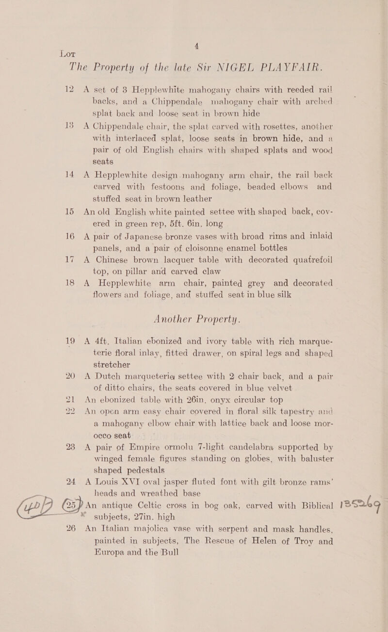 12 14 19 A set of 8 Hepplewhite mahogany chairs with reeded rail backs, and a Chippendale mahogany chair with arched splat back and loose seat in brown hide A Chippendale chair, the splat carved with rosettes, another with interlaced splat, loose seats in brown hide, and a pair of old English chairs with shaped splats and wood seats A Hepplewhite design mahogany arm chair, the rail back carved with festoons and foliage, beaded elbows and stuffed seat in brown leather An old English white painted settee with shaped back, cov- ered in green rep, dft. 6in. long A pair of Japanese bronze vases with broad rims and inlaid panels, and a pair of cloisonne enamel bottles A Chinese brown lacquer table with decorated quatrefoil top, on pillar and carved claw A Hepplewhite arm chair, painted grey and decorated flowers and foliage, and stuffed seat in blue silk Another Property. A 4ft. Italian ebonized and ivory table with rich marque- terie floral inlay, fitted drawer, on spiral legs and shaped stretcher A Dutch marqueteria settee with 2 chair back, and a pair of ditto chairs, the seats covered in blue velvet An ebonized table with 26in, onyx circular top An open arm easy chair covered in floral silk tapestry and a mahogany elbow chair with lattice back and loose mor- occo seat A pair of Empire ormolu 7-light candelabra supported by winged female figures standing on globes, with baluster shaped pedestals  heads and wreathed base subjects, 27in. high painted in subjects, The Rescue of Helen of Troy and Europa and the Bull rssaba