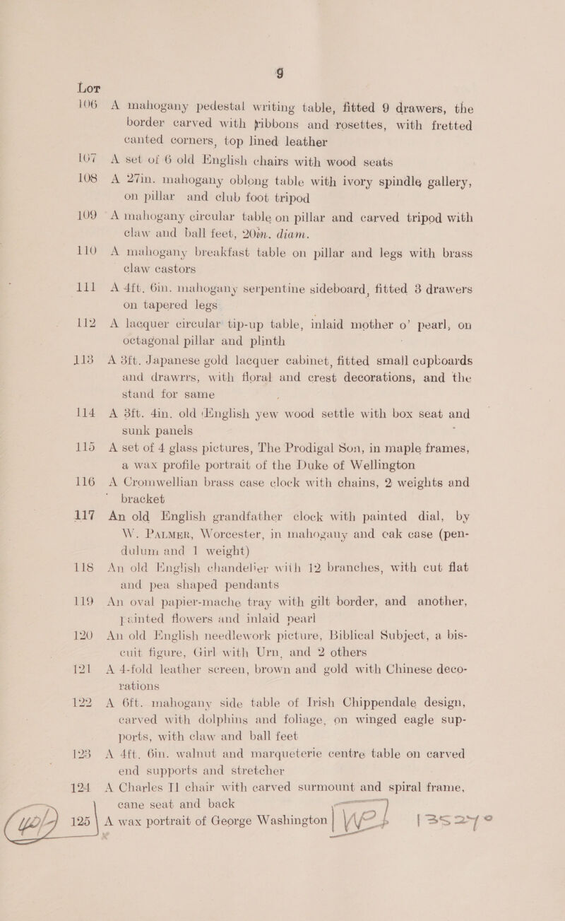 106  Ss canted corners, top lined leather A set of 6 old English chairs with wood seats on pillar and club foot tripod claw and ball feet, 20in. diam. — claw castors on tapered legs octagonal pillar and plinth stand for same sunk panels a wax profile portrait of the Duke of Wellington bracket dulum and 1 weight) by and pea shaped pendants painted flowers and inlaid pearl cuit figure, Girl with Urn, and 2 others rations ports, with claw and ball feet end supports and stretcher cane seat and back A wax portrait of George Washington lV Ms ye