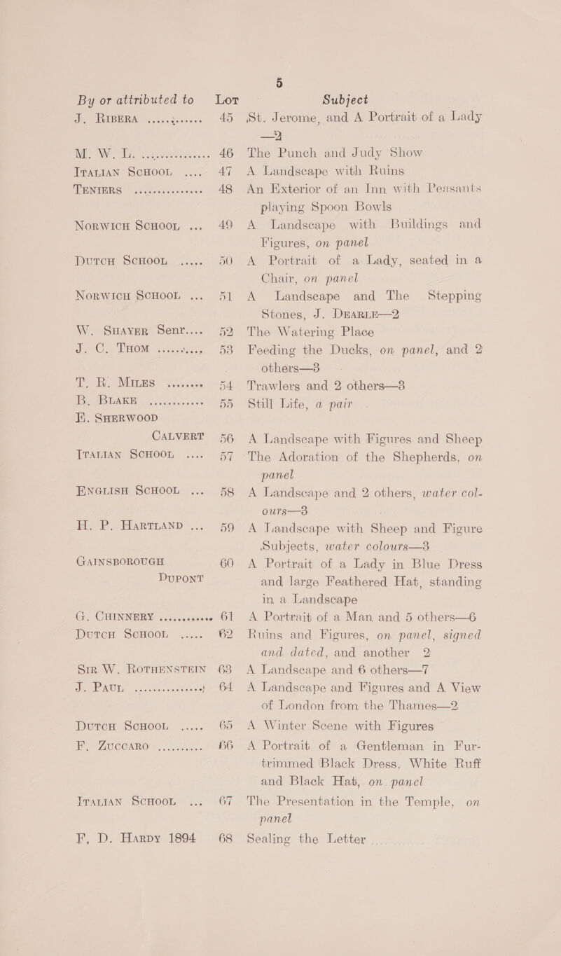 Se eaeER A... ere [ELSON sad a ITALIAN SCHOOL DRRINTEING! GRRE Ss iaiiencs NoRWICH SCHOOL ... DutcuH ScHooL oe%eoe NORWICH SCHOOL ... W. SHAvrER Senr.... J.-C. THom « e800 ee gene @eeoe0ee0 ESE SUT a eee ii. SHERWOOD CALVERT ITALIAN SCHOOL ENGLISH SCHOOL He P. HARTLAND ... GAINSBOROUGH DUPONT G. CHINNERY ..... Tare é Dutcu ScHooL ..... Sir W. RoTHENSTEIN Ue eam eorere ooo eno eee @: DutcH ScHOOL F, Zuccaro ITALIAN SCHOOL F, D. Harpy 1894 45 46 47 48 49 68 5 ‘St. Jerome, and A Portrait of a Lady a) | The Punch and Judy Show A Landscape with Ruins An Exterior of an Inn with Peasants playing Spoon Bowls A landscape with Buildings and Figures, on panel A Portrait of a-Lady, seated in a Chair, on panel A landscape and The Stones, J. DEARLE—2 The Watering Place Feeding the Ducks, on panel, and 2 others—3 Trawlers and 2 others—3 Still Life, a pair Stepping A Landscape with Figures and Sheep panel A Landscape and 2. others, water col- ours—s8 | A Jiandscape with Sheep and Figure Subjects, water colours—8 A Portrait of a Lady in Blue Dress and large Feathered Hat, standing in a Landscape A Portrait of a Man and 5 others—6 Ruing and Figures, on panel, signed and dated, and another 2 A Landscape and 6 others—7 A Landscape and Figures and A View of London from the Thames—2 A Winter Scene with Figures A Portrait of a Gentleman in Fur- trimmed Black Dress, White Ruff and Black Hat, on panel The Presentation in the Temple, on panel Sealine the Letter _
