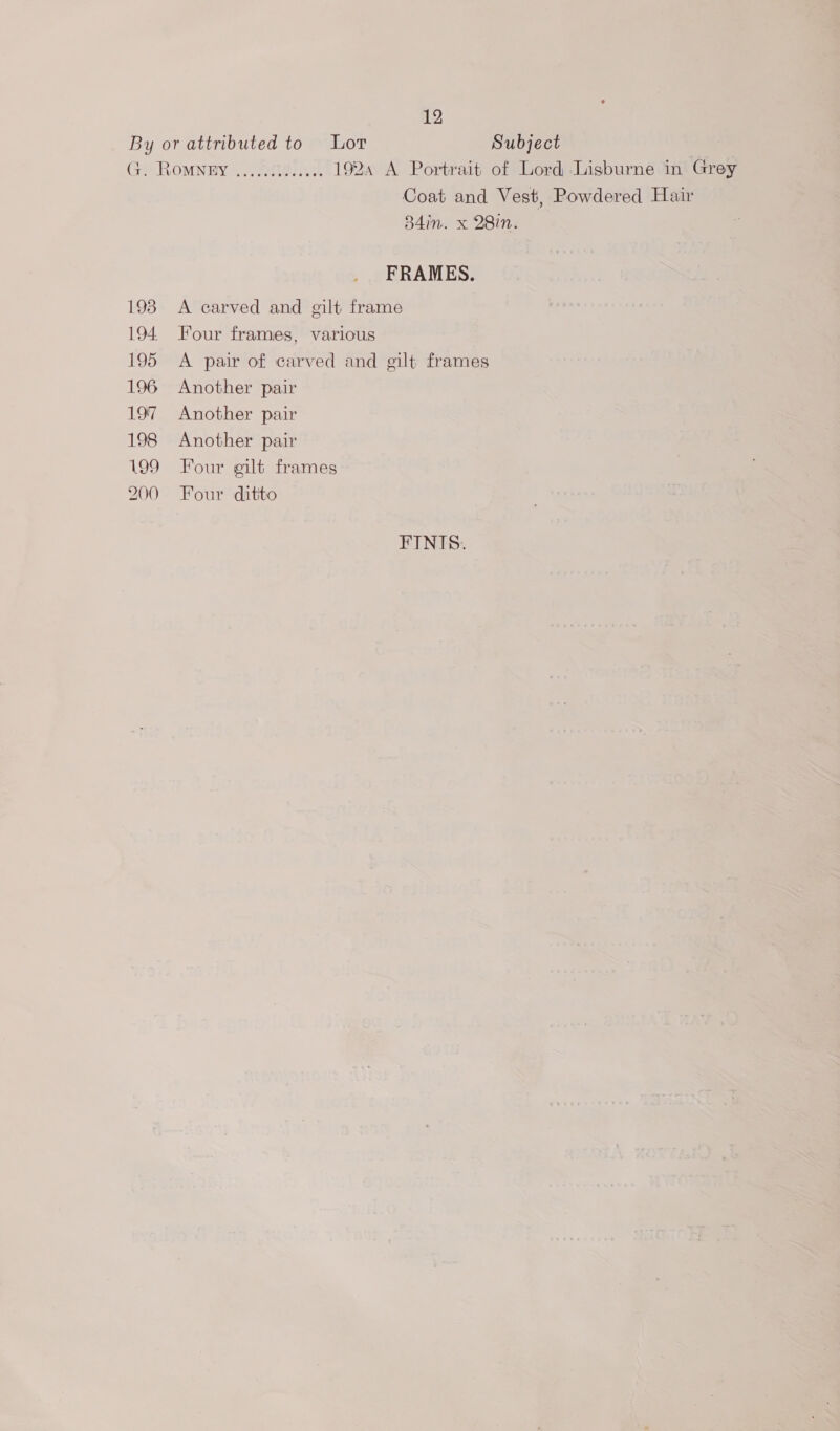 12 193 194, 195 196 197 198 199 200 Coat and Vest, Powdered Hair 34in. x Qin. FRAMES. A carved and gilt frame Four frames, various A pair of carved and gilt frames Another pair Another pair Another pair Four gilt frames Four ditto FINIS.