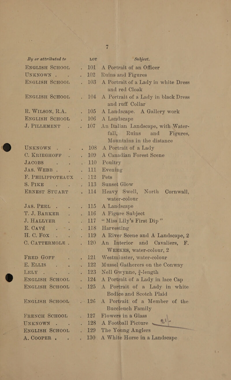ENGLISH SCHOOL UNKNOWN . ENGLISH SCHOOL ENGLISH SCHOOL R. WILSON, R.A. ENGLISH SCHOOL J. PILLEMENT UNKNOWN C. KRIEGHOFF JACOBS JAS. WEBB . F. PHILIPPOTEAUX S. PIKE ERNEST STUART JAS. PEEL T. J. BARKER J. HALLYER K. CAv#é Pitas H. C. Fox C. CATTERMOLE . FRED GOFF E. ELLIS ELY.\ : ENGLISH SCHOOL ENGLISH SCHOOL ENGLISH SCHOOL FRENCH SCHOOL UNKNOWN ENGLISH SCHOOL A. COOPER , LOL 102 103 104 105 106 107 108 109 LYE 112 113 114 115 116 Ti 118 119 120 121 122 123 124 125 127 128 129 130 A Portrait of an Officer Ruins and Figures A Portrait of a Lady in white Dress and red Cloak A Portrait of a Lady in black Dress and ruff Collar A Landscape. A Gallery work A Landscape An Italian Landscape, with Water- fall, Ruins and _ “Figures, Mountains in the distance A Portrait of a Lady A Canadian Forest Scene Poultry Kvening Pets Sunset Glow Heavy Swell, water-colour A Landscape A Figure Subject ** Miss Lily’s First Dip ” Harvesting A River Scene and A Landscape, 2 An [Interior and Cavaliers, F. WEEKES, waiter-colour, 2 Westminster, water-colour Mussel Gatherers on the Conway Nell Gwynne, #-length A Portrait of a Lady in lace Cap A Portrait of a Lady in white Bodice and Scotch Plaid A Portrait of a Member of the Buccleuch Family Flowers in a Glass A Football Picture —_%** The Young Anglers ‘i A White Horse in a Landscape North Cornwall, ter