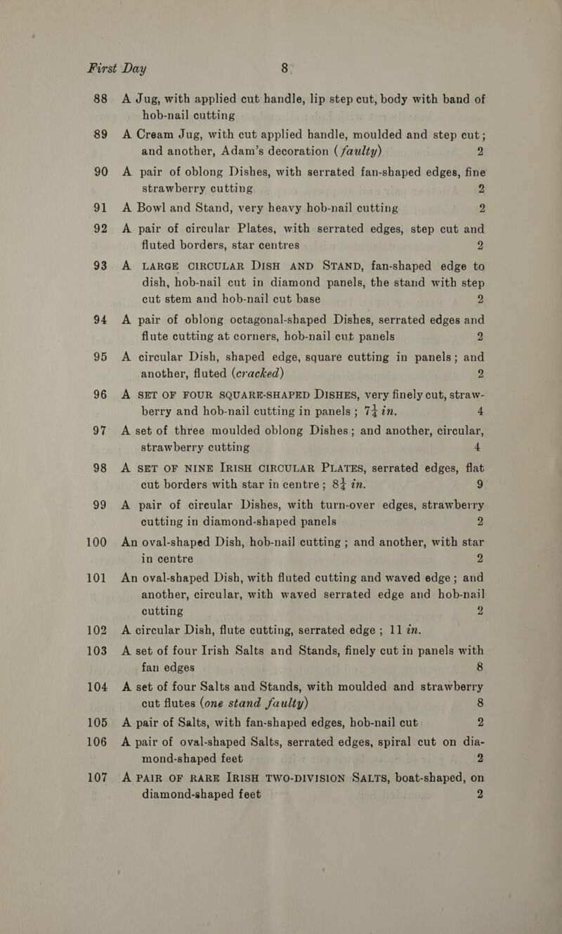 88 89 90 91 92 93 94 95 96 oi, 98 100 A Jug, with applied cut handle, lip step cut, body with band of hob-nail cutting A Cream Jug, with cut applied handle, moulded and step cut; and another, Adam’s decoration ( faulty) 2 A pair of oblong Dishes, with serrated fan-shaped edges, fine strawberry cutting 9 A Bowl and Stand, very heavy hob-nail cutting 2 A pair of circular Plates, with serrated edges, step cut and fluted borders, star centres Z A LARGE CIRCULAR DISH AND STAND, fan-shaped edge to dish, hob-nail cut in diamond panels, the stand with step cut stem and hob-nail cut base v. A pair of oblong octagonal-shaped Dishes, serrated edges and flute cutting at corners, hob-nail cut panels 2 A circular Dish, shaped edge, square cutting in panels; and another, fluted (cracked) 2 A SET OF FOUR SQUARE-SHAPED DISHES, very finely cut, straw- berry and hob-nail cutting in panels ; 74 in. 4 A set of three moulded oblong Dishes; and another, circular, strawberry cutting 4 A SET OF NINE IRISH CIRCULAR PLATES, serrated edges, flat cut borders with star in centre; 84 in. 9 A pair of cireular Dishes, with turn-over edges, strawberry cutting in diamond-shaped panels 2 An oval-shaped Dish, hob-nail cutting ; and another, with star in centre 2 An oval-shaped Dish, with fluted cutting and waved edge; and another, circular, with waved serrated edge and hob-nail cutting 2 A circular Dish, flute cutting, serrated edge ; 11 zn. A set of four Irish Salts and Stands, finely cut in panels with fan edges 8 A set of four Salts and Stands, with moulded and strawberry cut flutes (one stand faulty) 8 A pair of Salts, with fan-shaped edges, hob-nail cut 2 A pair of oval-shaped Salts, serrated edges, spiral cut on dia- mond-shaped feet 2 A PAIR OF RARE IRISH TWO-DIVISION SALTS, boat-shaped, on