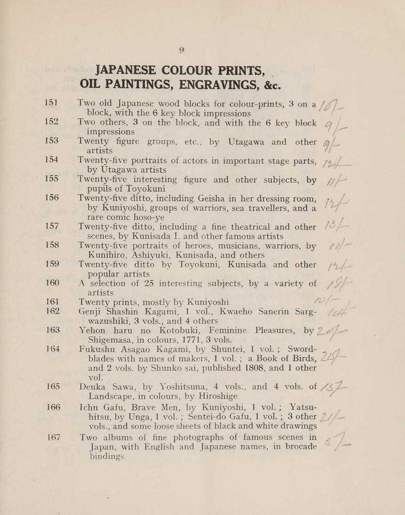 166 167 9 _ JAPANESE COLOUR PRINTS, . _ OIL PAINTINGS, ENGRAVINGS, &amp;c. block, with the 6 key block impressions Two others, 3 on the block, and with the 6 key block impressions artists Twenty-five portraits of actors in important stage parts, by Utagawa artists pupils of Toyokuni Twenty-five ditto, including Geisha in her dressing room, by Kuniyoshi, groups of warriors, sea travellers, and a rare comic hoso-ye Twenty-five ditto, including a fine theatrical and other scenes, by Kunisada I. and other famous artists Twenty-five portraits of heroes, musicians, warriors, by Kunihiro, Ashiyuki, Kunisada, and others _ Twenty-five ditto by Toyokuni, Kunisada and other popular artists | A selection of 25 interesting subjects, by a variety of artists Twenty prints, mostly by Kuniyoshi wazushiki, 3 vols., and 4 others Shigemasa, in colours, 1771, 3 vols. Fukushu Asagao Kagami, by Shuntei, 1 vol. ; Sword- and 2 vols. by Shunko sai, published 1808, and 1 other vol. Landscape, in colours, by Hiroshige Ichu Gafu, Brave Men, by Kuniyoshi, 1 vol.; Yatsu- vols., and some loose sheets of black and white drawings Two albums of fine photographs of famous scenes in Japan, with English and Japanese names, in brocade bindings