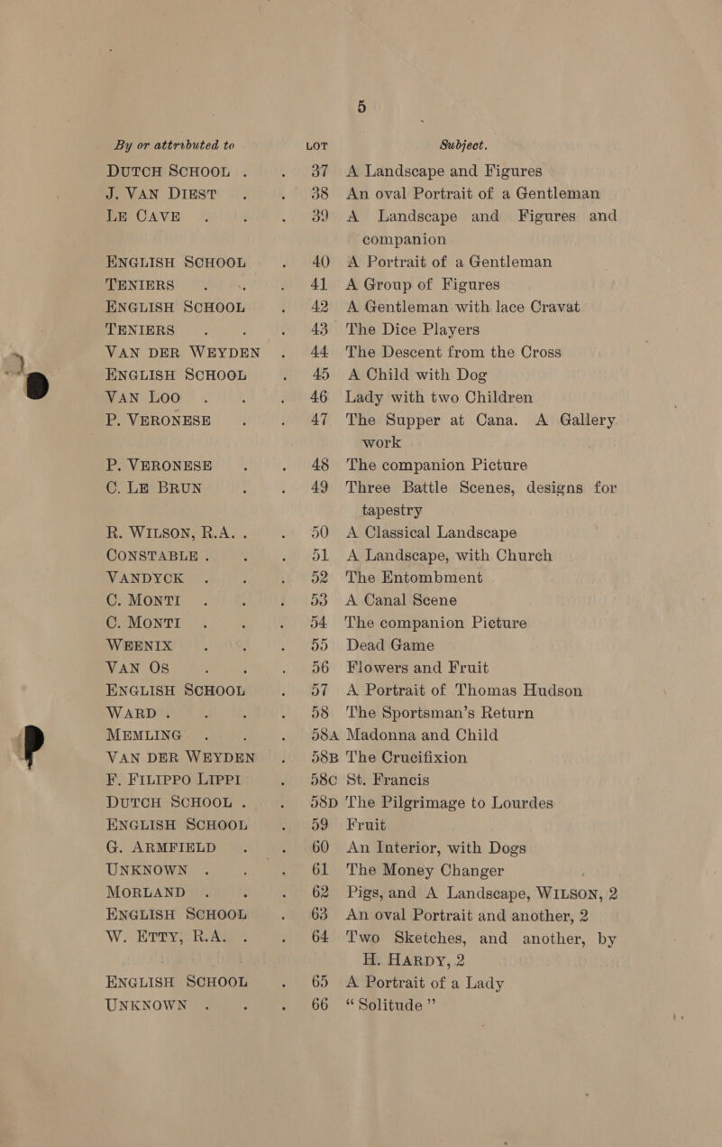 DUTCH SCHOOL . J. VAN DIEST LE CAVE ENGLISH SCHOOL TENIERS : ENGLISH SCHOOL TENIERS VAN DER WEYDEN ENGLISH SCHOOL VAN Loo P. VERONESE P. VERONESE C. LE BRUN R. WILSON, R.A. . CONSTABLE . VANDYCK C. MONTI C. MONTI WEENIX VAN OS ENGLISH SCHOOL WARD. VAN DER WEYDEN F. FILIPPO LIPPI DUTCH SCHOOL . ENGLISH SCHOOL G. ARMFIELD UNKNOWN MORLAND ENGLISH SCHOOL W eH Ey hee ENGLISH SCHOOL UNKNOWN 43 58 SSA 38B 58C 58D 59 60 61 62 63 64 65 66 A Landscape and Figures An oval Portrait of a Gentleman A Landscape and Figures and companion A Portrait of a Gentleman A Group of Figures A Gentleman with lace Cravat The Dice Players The Descent from the Cross A Child with Dog _ Lady with two Children The Supper at Cana. A Gallery work The companion Picture Three Battle Scenes, designs for tapestry A Classical Landscape A Landscape, with Church The Entombment A Canal Scene The companion Picture Dead Game Flowers and Fruit A Portrait of Thomas Hudson The Sportsman’s Return Madonna and Child The Crucifixion St. Francis The Pilgrimage to Lourdes Fruit An Interior, with Dogs The Money Changer Pigs, and A Landscape, WILSON, 2 An oval Portrait and another, 2 Two Sketches, and another, by H. Harpy, 2 A Portrait of a Lady “ Solitude ”