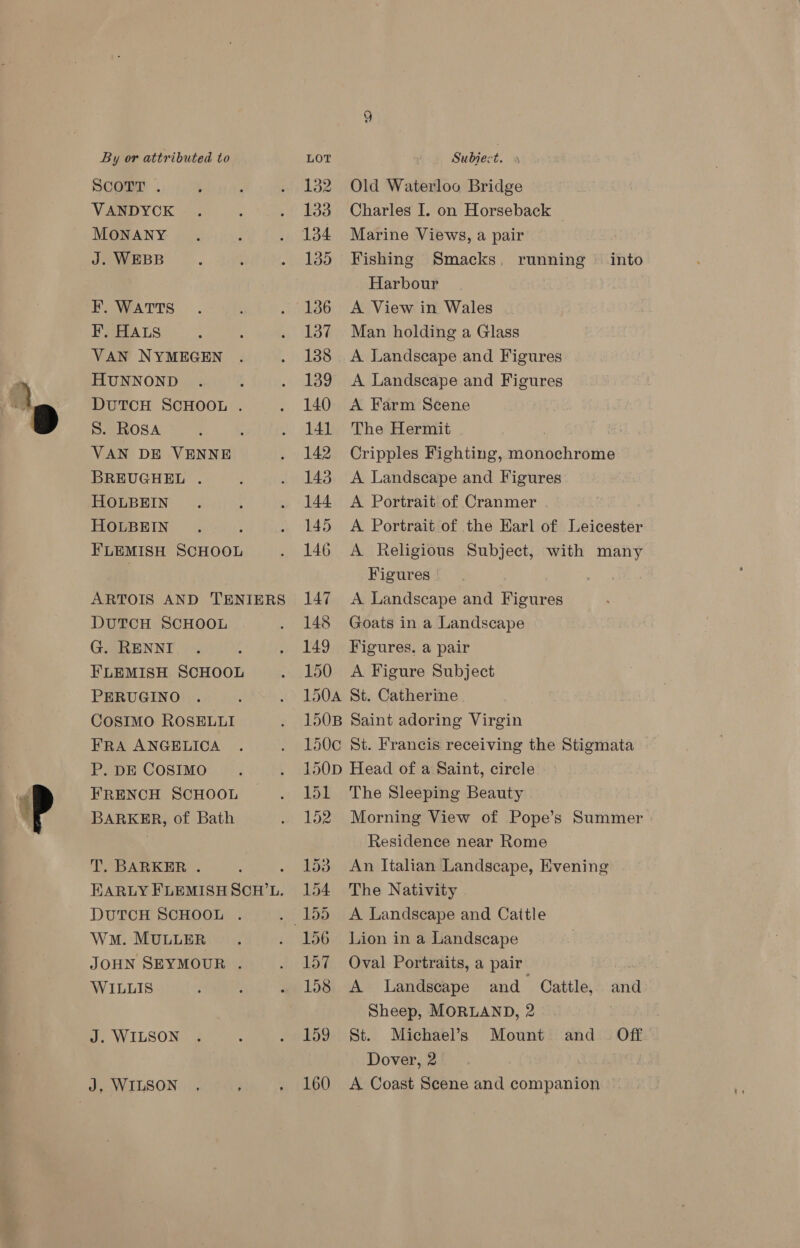 SCOmT . VANDYCK MONANY J. WEBB F. WATTS F. HALS VAN NYMEGEN HUNNOND DUTCH SCHOOL . S. Rosa VAN DE VENNE BREUGHEL . HOLBEIN HOLBEIN FLEMISH SCHOOL ARTOIS AND TENIERS DUTCH SCHOOL G. RENNI FLEMISH SCHOOL PERUGINO CosIMo ROSELLI FRA ANGELICA P. DE COSIMO FRENCH SCHOOL BARKER, of Bath T. BARKER . : EARLY FLEMISH SCH’L. DUTCH SCHOOL . Wn. MULLER f JOHN SEYMOUR . WILLIS J. WILSON J, WILSON , , 132 133 135 136 137 138 139 140 141 142 143 144 145 146 147 148 149 150 150A 150B 150¢ 150D 13) 152 153 154 156 157 158 159 160 Subject: , Old Waterloo Bridge Charles I. on Horseback Marine Views, a pair Fishing Smacks. running Harbour A View in Wales Man holding a Glass A Landscape and Figures A Landscape and Figures A Farm Scene The Hermit Cripples Fighting, monochrome A Landscape and Figures A Portrait of Cranmer A Portrait of the Earl of Leicester A Religious Subject, with many Figures A Landscape and Figures Goats in a Landscape into Figures, a pair A Figure Subject St. Catherine Saint adoring Virgin St. Francis receiving the Stigmata Head of a Saint, circle The Sleeping Beauty Morning View of Pope’s Summer Residence near Rome An Italian Landscape, Evening The Nativity A Landscape and Cattle Lion in a Landscape Oval Portraits, a pair A Landscape and Cattle, and Sheep, MORLAND, 2 St. Michael’s Mount and_ Off Dover, 2 A Coast Scene and companion