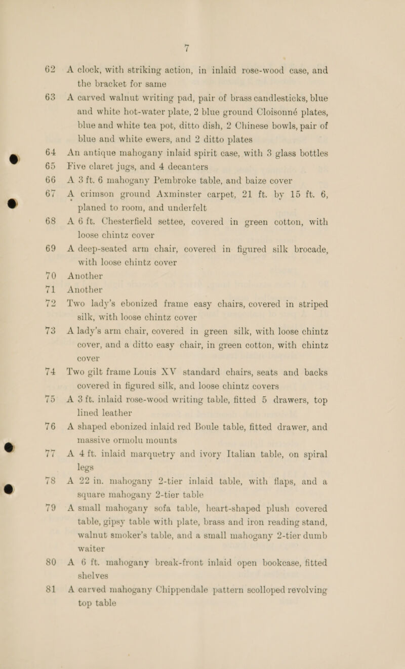 63 80 81 7 A clock, with striking action, in inlaid rose-wood case, and the bracket for same A carved walnut writing pad, pair of brass candlesticks, blue and white hot-water plate, 2 blue ground Cloisonné plates, blue and white tea pot, ditto dish, 2 Chinese bowls, pair of blue and white ewers, and 2 ditto plates An antique mahogany inlaid spirit case, with 3 glass bottles Five claret jugs, and 4 decanters A 3 ft. 6 mahogany Pembroke table, and baize cover A crimson ground Axminster carpet, 21 ft. by 15 ft. 6, planed to room, and underfelt A 6 ft. Chesterfield settee, covered in green cotton, with loose chintz cover A deep-seated arm chair, covered in figured silk brocade, with loose chintz cover Another Another Two lady’s ebonized frame easy chairs, covered in striped silk, with loose chintz cover A lady’s arm chair, covered in green silk, with loose chintz cover, and a ditto easy chair, in green cotton, with chintz cover Two gilt frame Louis XV standard chairs, seats and backs covered in figured silk, and loose chintz covers A 3ft. inlaid rose-wood writing table, fitted 5 drawers, top lined leather A shaped ebonized inlaid red Boule table, fitted drawer, and massive ormolu mounts A 4ft. inlaid marquetry and ivory Italian table, on spiral legs A 22 in. mahogany 2-tier inlaid table, with flaps, and a square mahogany 2-tier table A small mahogany sofa table, heart-shaped plush covered table, gipsy table with plate, brass and iron reading stand, walnut smoker’s table, and a small mahogany 2-tier dumb waiter A 6 ft. mahogany break-front inlaid open bookcase, fitted shelves A carved mahogany Chippendale pattern scolloped revolving top table