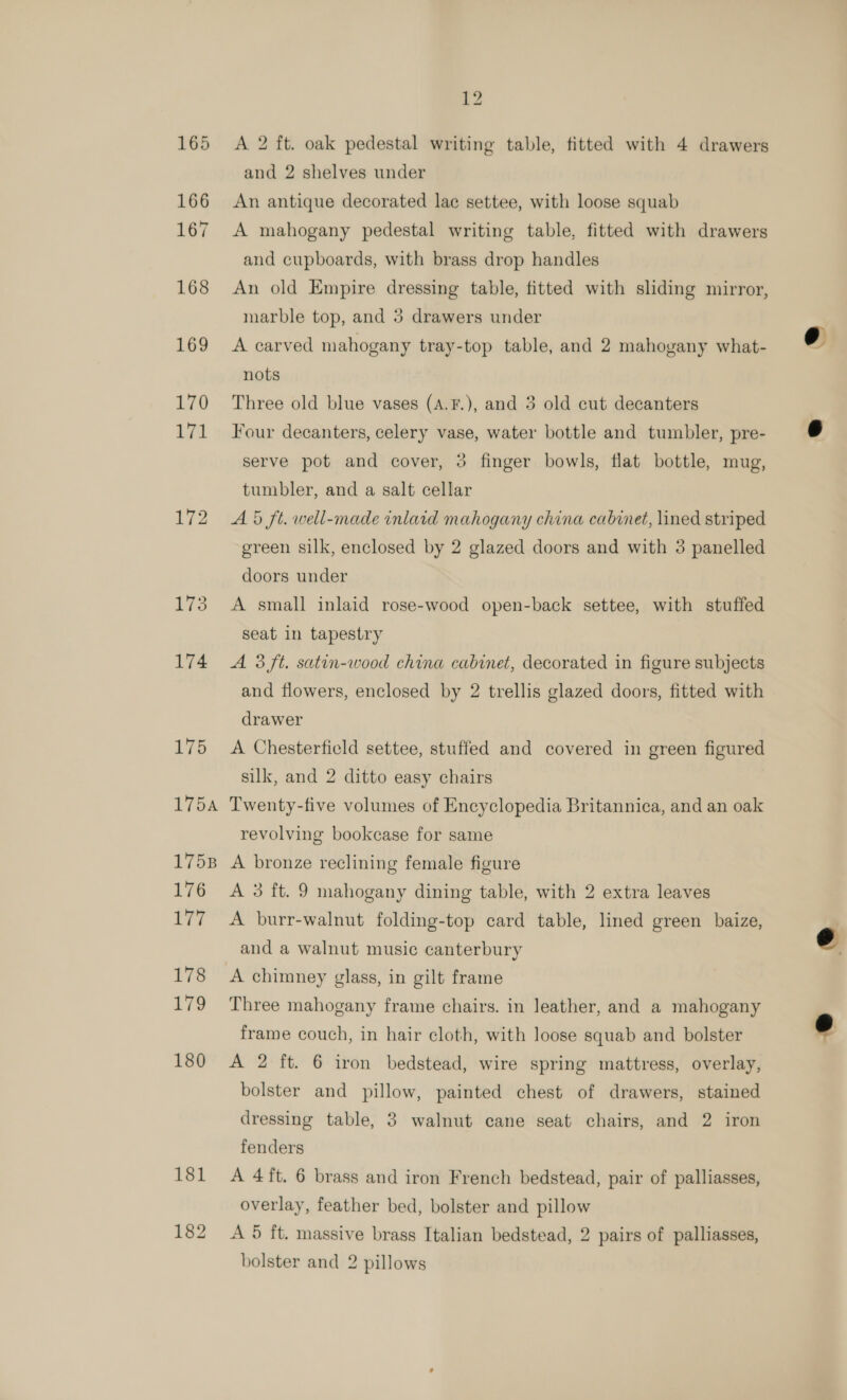 165 166 167 168 169 170 171 172 173 174 12 A 2 ft. oak pedestal writing table, fitted with 4 drawers and 2 shelves under An antique decorated lac settee, with loose squab A mahogany pedestal writing table, fitted with drawers and cupboards, with brass drop handles An old Empire dressing table, fitted with sliding mirror, marble top, and 3 drawers under A carved mahogany tray-top table, and 2 mahogany what- nots Three old blue vases (A.F.), and 3 old cut decanters Four decanters, celery vase, water bottle and tumbler, pre- serve pot and cover, 3 finger bowls, flat bottle, mug, tumbler, and a salt cellar A 5 ft. well-made inlaid mahogany china cabinet, lined striped green silk, enclosed by 2 glazed doors and with 3 panelled doors under A small inlaid rose-wood open-back settee, with stuffed seat in tapestry A 3 ft. satin-wood china cabinet, decorated in figure subjects and flowers, enclosed by 2 trellis glazed doors, fitted with drawer A Chesterfield settee, stuffed and covered in green figured silk, and 2 ditto easy chairs Twenty-five volumes of Encyclopedia Britannica, and an oak revolving bookcase for same A bronze reclining female figure A 3 ft. 9 mahogany dining table, with 2 extra leaves A burr-walnut folding-top card table, lined green baize, and a walnut music canterbury A chimney glass, in gilt frame Three mahogany frame chairs. in leather, and a mahogany frame couch, in hair cloth, with loose squab and bolster A 2 ft. 6 iron bedstead, wire spring mattress, overlay, bolster and pillow, painted chest of drawers, stained dressing table, 3 walnut cane seat chairs, and 2 iron fenders A 4ft. 6 brass and iron French bedstead, pair of palliasses, overlay, feather bed, bolster and pillow bolster and 2 pillows 