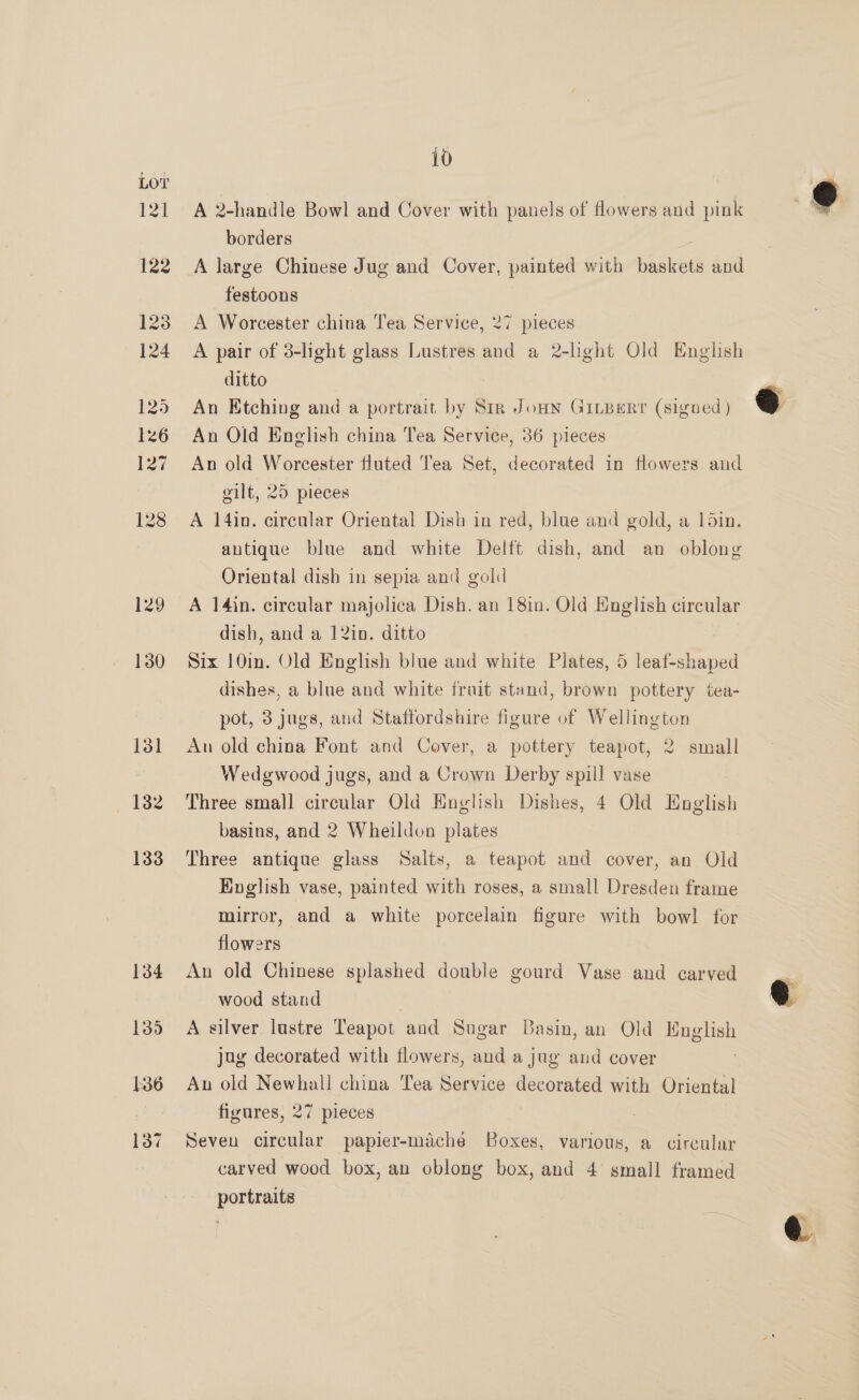 129 130 10 A 2-handle Bowl and Cover with panels of flowers and pink borders é A large Chinese Jug and Cover, painted with baskets and festoons A Worcester china Tea Service, 27 pieces A pair of 3-light glass Lustres and a 2-light Old English ditto An Old English china Tea Service, 36 pieces An old Worcester fluted Tea Set, decorated in flowers and eilt, 25 pieces A 14in. circular Oriental Dish in red, blue and gold, a 1din. antique blue and white Delft dish, and an oblong Oriental dish in sepia and gold A 14in. circular majolica Dish. an 18in. Old English circular dish, and a 12in. ditto Six 10m. Old English blue and white Plates, 5 leaf-shaped dishes, a blue and white fruit stand, brown pottery tea- pot, 3 jugs, and Staffordshire figure of Wellington Au old china Font and Cover, a pottery teapot, 2 small Wedgwood jugs, and a Crown Derby spill vase Three small circular Old English Dishes, 4 Old English basins, and 2 Wheildon plates Three antique glass Salts, a teapot and cover, an Old English vase, painted with roses, a small Dresden frame mirror, and a white porcelain figure with bowl for flowers An old Chinese splashed double gourd Vase and carved wood stand | A silver lustre Teapot and Sugar Basin, an Old English jug decorated with flowers, and a jug and cover An old Newhall china Tea Service decorated with Oriental figures, 27 pieces Seven circular papier-maché Boxes, various, a circular carved wood box, an oblong box, and 4 small framed portraits ——— @