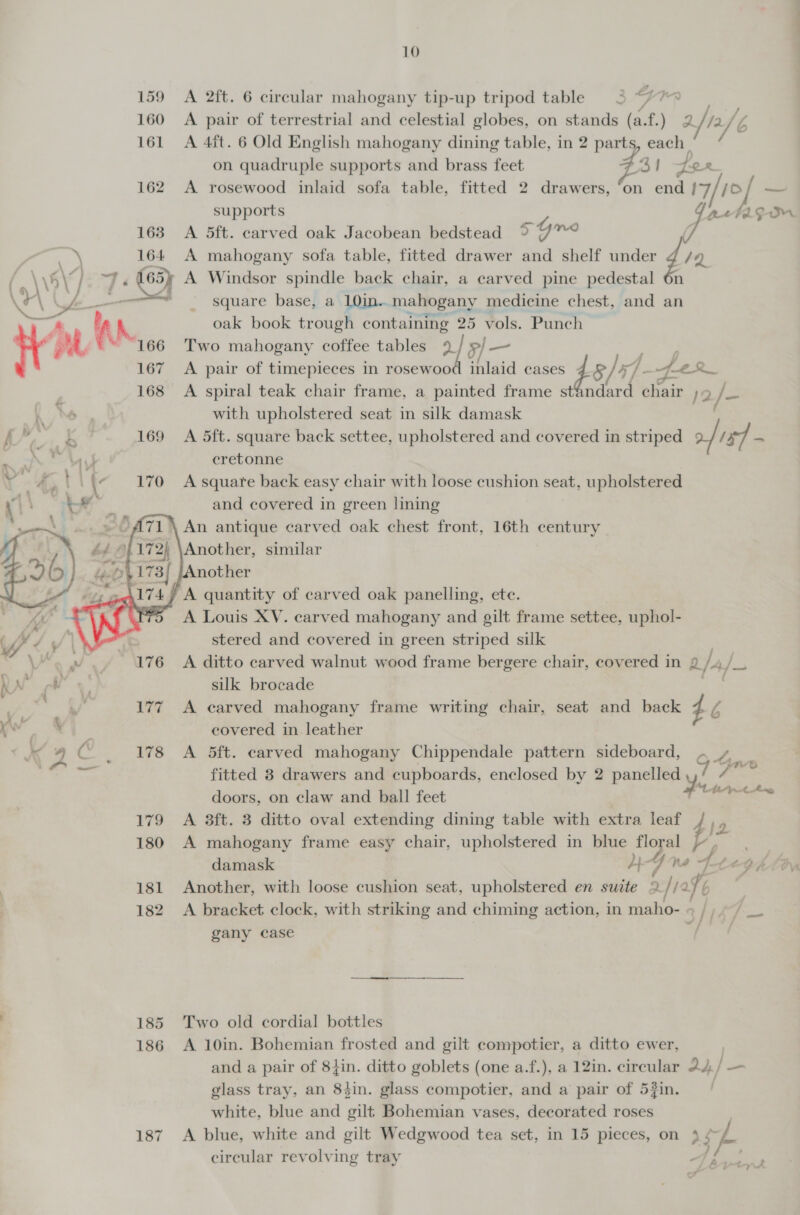 159 A 2ft. 6 circular mahogany tip-up tripod table =&lt; + = 160 A pair of terrestrial and celestial globes, on stands (a.f.) 2///a le 161 A 4ft. 6 Old English mahogany dining table, in 2 parts, each. on quadruple supports and brass feet oy for 162 &lt;A rosewood inlaid sofa table, fitted 2 drawers, ‘on end 17/10 &lt;i supports Att am 163 A 5ft. carved oak Jacobean bedstead % Gro 7 Re. 164 A mahogany sofa table, fitted drawer and shelf under d) Q ‘a SXF 7 J « (65) A Windsor spindle back chair, a carved pine pedestal \ \ = _ square base, a LOin.. mahogany medicine chest, and an , en * AK. oak book trough containing 25 vols. Punch 166 Two mahogany coffee tables 9 5/ — 167 A pair of timepieces in rosewood inlaid cases 4.9/4 / 4. ek 168 A spiral teak chair frame, a painted frame stQndard re }2 /- with upholstered seat in silk damask A 5ft. square back settee, upholstered and covered in striped 1s ie cretonne A square back easy chair with loose cushion seat, upholstered and covered in green lining An antique carved oak chest front, 16th century Another, similar /Another j A quantity of carved oak panelling, ete. A Louis XV. carved mahogany and gilt frame settee, uphol- stered and covered in green striped silk     Vale a 176 &lt;A ditto carved walnut wood frame bergere chair, covered in a /4/ a Rn { ey! silk brocade t nie 177, A carved mahogany frame writing chair, seat and back 46 “le. covered in leather « h pe C _ 178 A 5ft. carved mahogany Chippendale pattern sideboard, ~ » fitted 8 drawers and cupboards, enclosed by 2 panelled tee doors, on claw and ball feet : 4 a ah 179 A 8ft. 3 ditto oval extending dining table with extra leaf / 180 A mahogany frame easy chair, upholstered in blue floral ¢ damask }} - he FL Gh a 181 Another, with loose cushion seat, upholstered en suite 2 /! a4 | 182. A bracket clock, with striking and chiming action, in maho- + oY gany case ar, 185 Two old cordial bottles 186 &lt;A 10in. Bohemian frosted and gilt compotier, a ditto ewer, and a pair of 8}in. ditto goblets (one a.f.), a 12in. circular 24/ — glass tray, an 8$in. glass compotier, and a pair of 5#in. | white, blue and gilt Bohemian vases, decorated roses 187 A blue, white and gilt Wedgwood tea set, in 15 pieces, on cys circular revolving tray Fie 8 6 Aad f Corry
