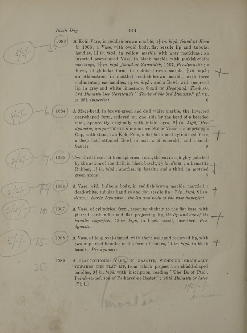 / ff handles, 1?in. high, in yellow marble with grey markings; an inverted pear-shaped Vase, in black marble with pinkish-white markings, 1fin. high, found at Zawaideh, 1907, Pre-dynastic ; a an Alabastron, in mottled reddish-brown marble, with three rudimentary ear-handles, 1#in. high; and a Bowl, with incurved lip, in grey and white limestone, found at Regaqnah, Tomb 40, 3rd Dynasty (see Garstang’s “‘ Tombs of the 3rd Dynasty,” pl. vu, p. 25), ¢mperfect 6 pear-shaped form, relieved on one side by the head of a bearded man, apparently originally with inlaid eyes; 24+7n. high, Pre dynastic, unique; also six miniature Stone Vessels, comprising a Cup, with stem, two Kohl-Pots, a flat-bottomed cylindrical Vase, a deep flat-bottomed Bowl, in matrix of emerald ; and a small Saucer 9 Rubber, 1l$in. high; another, in basalt; and a third, in mottled by the action of the drill, in black basalt, 24 in. diam. ; a hematite t green stone 5 diam.; Harly Dynastic ; the lip and body of the vase imperfect 6 pierced ear-handles and flat projecting lip, the ip and one of the handles imperfect, 13%n. high, in black basalt, inscribed, Pre- dynastic two unpierced handles in the form of snakes, 1472n. high, in black basalt ; Pre-dynastic “TOWARDS THE FLAT LIP, from which project two shield-shaped handles, 947n. high, with inscription, reading “The Ba of Ptah, Per-ab-sa-nef, son of Pa-khred-ne-Bastet” ; 20th Dynasty or later [Pl L] ay a ae