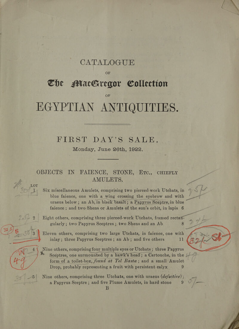 OF Che MacGregor Collection EGYPTIAN ANTIQUITIES.   FIRST DAY’S SALE, Monday, June 26th, 1922. OBJECTS IN FATIENCH, STONE, Etc., cHIEFLY : AMULETS. ser y LOT i f5 1, Six miscellaneous Amulets, comprising two pierced-work Utchats, in © \ - blue faience, one with a wing crossing the eyebrow and with ‘ - uraeus below ; an Ab, in black basalt; a Papyrus Sceptre, in blue faience ; and two Shens or Amulets of the sun’s orbit, in lapis 6 2 LEHight others, comprising three pierced-work Utchats, framed rectate ee gularly ; two Papyrus Sceptres ; two Shens and an Ab 8 Eleven others, comprising two large Utchats, in faience, one with inlay ; three Papyrus Sceptres ; an Ab; and five others 11  Nine others, comprising four multiple eyes or Utchats ; three Papyrus Sceptres, one surmounted by a hawk’s head; a Cartouche, in the //-~” form of a toilet-box, found at Tel Basta; and a small Amulet Drop, probably representing a fruit with persistent calyx 9  5! Nine others, comprising three Utchats, one with uraeus (defective) ; “7 a Papyrus Sceptre ; and five Plume Amulets, in hard stone a ens B d 