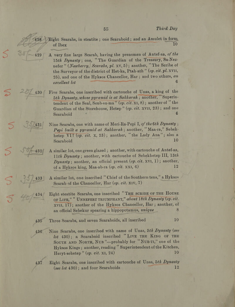 429 430 (431 433 | 434 437 55 Third Day ead  —— aS Ree Ibex A very fine large Scarab, having the prenomen of Antef-aa, of the 15th Dynasty; one, “ The Guardian of the Treasury, Sa-Nez- nefer” (Newberry, Scarabs, pl. xv, 5); another, ‘The Scribe of the Surveyor of the district of Het-ka, Ptah-ath ” (op. cit. pl. XV, 25), and one of the Hyksos Chancellor, Har; and two others, an excellent lot 6 pa ote  a eel Five Scarabs, one inscribed with cartouche of Unas, a king of the 5th Dynasty, whose pyramid is “il Sakkarah ; another, * Superin- tendent of the Seal, Senb-su-ma” (op. cit. XI, 8); another of © the Guardian of the Storehouse, Hetep ” (op. cit. XVII, 23) ; and one Searaboid ; 6 Nine Scarabs, one with name of Meri-Ra-Pepi I, y the 6th Dynasty ; Pepi built a pyramid at Sakkarah ; another, ” ‘Maa-ra,” Sebek- hetep VI? (op. cit. x, 23); another, “the Lady Ana”; also a Scaraboid 10 A similar lot, one green glazed ; another, with cartouche of Antef-aa, 11th Dynasty ; another, with cartouche of Sebekhetep III, 13¢/ Dynasty ; another, an official present (op. cif. XVI, 1); another, of a Hyksos king, Maa-ab-ra (op. cit. Xx1, 6) 12 A similar lot, one inscribed ‘‘ Chief of the Southern tens,” a Hyksos Hight steatite Scarabs, one inscribed ‘ ‘THE SCRIBE OF THE HOUSE OF LIFE,” “ UNNEFERT TRIUMPHANT, ” about 18th Dynasty (op. cit. XVII, TREVOT another of the Hyksos Chancellor, Har ; another, of an official Sebekur spearing a hippopotamus, unique 8 Three Scarabs, and seven Scaraboids, all inscribed 10 Nine Scarabs, one inscribed with name of Unas, 5th Dynasty (see lot 430); a Scaraboid inscribed “LivE THE KING OF THE South anp Nortu, Nus”—probably for ‘Nuz-TI,” one of the Hyksos Kings ; another, reading ‘ Superintendent of the Kitchen, Heryt-sehetep ” (op. cit. x1, 24) 10 Eight Scarabs, one inscribed with cartouche of Unas, bth Dynasty (see lot 430); and four Scaraboids 12 a a TUTE A SE, ES
