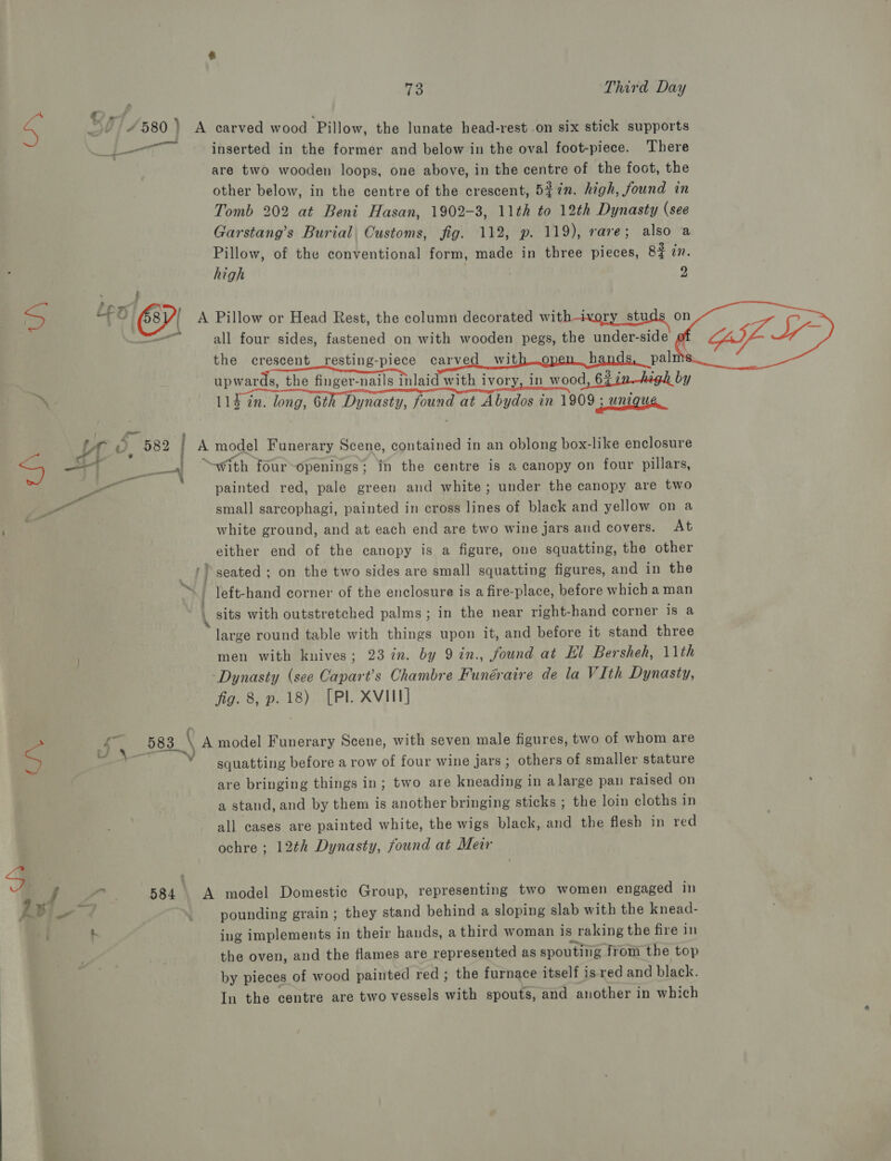 QD of ‘ S £580) A carved wood Pillow, the lunate head-rest .on six stick supports i BE ogee inserted in the former and below in the oval foot-piece. There are two wooden loops, one above, in the centre of the foot, the other below, in the centre of the crescent, 5f7n. high, found in Tomb 202 at Beni Hasan, 1902-3, 11th to 12th Dynasty (see Garstang’s Burial, Oustoms, fig. 112, p. 119), rare; also a Pillow, of the conventional form, made in three pieces, 82 in. high 2 . x Ler ; / : 2 : fay 4 (Sy A Pillow or Head Rest, the column decorated wit ry studs o : all four sides, fastened on with wooden pegs, the under-side ¢ the crescent resting-piece carved with —o h pal 63;    upwards, the finger-nails inlaid with ivory, in wood, 63 in-high by A. 114 in. long, 6th Dynasty, found at Abydos in 1909 unigue SL re 582 A model Funerary Scene, contained in an oblong box-like enclosure s: AA . , E oS | Be | “with four-openings; in the centre is a canopy on four pillars, - etl painted red, pale green and white; under the canopy are two er small sarcophagi, painted in cross lines of black and yellow on a white ground, and at each end are two wine jars and covers. At either end of the canopy is a figure, one squatting, the other ') seated ; on the two sides are small squatting figures, and in the | left-hand corner of the enclosure is a fire-place, before which a man q sits with outstretched palms; in the near right-hand corner is a large round table with things upon it, and before it stand three men with knives; 23 in. by 9in., found at El Bersheh, 11th Dynasty (see Capart’s Chambre Funéraire de la VIth Dynasty, fig. 8, p. 18) [Pl. XVIII] 4 583 \ A model Funerary Scene, with seven male figures, two of whom are 2 a Y — squatting before a row of four wine jars ; others of smaller stature are bringing things in; two are kneading in alarge pan raised on a stand, and by them is another bringing sticks ; the loin cloths in all cases are painted white, the wigs black, and the flesh in red ochre ; 12th Dynasty, found at Meir i “ 584 A model Domestic Group, representing two women engaged in hs a ¢ pounding grain ; they stand behind a sloping slab with the knead- ; + ing implements in their hands, a third woman is raking the fire in the oven, and the flames are represented as spouting from the top by pieces of wood painted red ; the furnace itself is red and black. In the centre are two vessels with spouts, and another in which