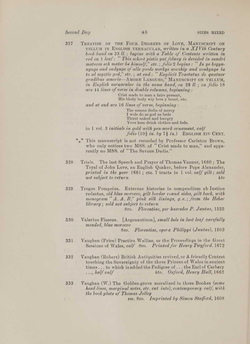 327 329 330 333 TREATISE OF THE Four DrGrREES OF LOVE, MANUSCRIPT ON VELLUM IN ENGLISH VERNACULAR, written in a XI Vth Century book-hand on 33 Ul.: begins with a Table of Contents written in red on 1 leaf: © This schort pistis yat folwey is devided in sundri materes ech mater be himself,” etc.; folio2 begins: “In ye begyn- nynge and endynge of alle goode werkys worship and voukynge be to al myztie god,” etc.; at end: “ Haplicit Tractatus de quatuor gradibus amoris—AMORE LANGUEO,” MANUSCRIPT ON VELLUM, in English vernacular in the same hand, on 29 Il.; on folio 18 are 44 lines of verse in double columns, beginning : Crist made to man a faire present, His blody body wiy love y brent, etc. and at end are 16 lines of verse, beginning : The seuene dedis of mercy I wole do as god us bede Thirst naked and hungry Yeve hem drink clothes and fede. in 1 vol. 3 eneteals in gold with pen-work ornament, calf Solio (104 in. by 74 in.) ENGLISH XIV CENT. who only notices two MSS. of “ Crist made to man,” and appa- rently no MSS. of ‘The Sevene Dedis.” Trials. The last Speech and Prayer of Thomas Venner, 1660; The Tryal of John Love, an English Quaker, before Pope Alexander, printed in the year 1661; etc. 7 tracts in 1 vol. calf gilt; sold not subject to return 4to Trogus Pompeius. Externae historiae in compendium ab Iustino redactae, old blue morocco, gilt border round sides, gilt back, with monogram A.A. R.” pink silk linings, g.e.; from the Heber library ; sold not subject to return 8vo. LHlorentiae, per haeredes P. Juntae, 1525 Valerius Flaccus. [ Argonauticon, small hole in last leaf carefully mended, blue morocco 8v0. Florentiae, opera Philippi (Juntae), 1503 Vaughan (Price) Practica Walliae, or the Proceedings in the Great Sessions of Wales, calf 8vo. Printed for Henry Twyford, 1672 Vaughan (Robert) British Antiquities revived, or A friendly Contest touching the Sovereignty of the three Princes of Wales in ancient times... to which is added the Pedigree of .. . the Earl of Carbery oy MAY calf 4to. Oaford, Henry Hall, 1662 Vaughan (W.) The Golden-grove moralized in three Bookes (some head-lines, marginal notes, etc. cut into), contemporary calf, with the book-plate of Thomas Jolley sm. 8vo. Imprinted by Simon Stafford, 1608