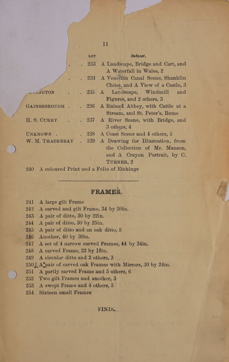 LOT Subjeot. 233 A Landscape, Bridge and Cart, and A Waterfall in Wales, 2 934 A Venetian Canal Scene, Shanklin Chine, and A View of a Castle, 3 _wciN@TON : 23d, A Landscape, Windmill and Figures, and 2 others, 3 GAINSBOROUGH . . 236 A Ruined Abbey, with Cattle at a Stream, and St. Peter’s, Rome H. 8S. CURRY 2 . 237 A River Scene, with Bridge, and 3 others, 4 UNKNOWN . . 238 <A Coast Scene and 4 others, 5 W.M.'THACKERAY . 239 A Drawing for Illustration, from the Collection of Mr. Manson, and A Crayon Portrait, by C. TURNER, 2 240 <A coloured Print and a Folio of Etchings FRAMES.  241 A large gilt Frame 242 A carved and gilt Frame, 34 by 30in. 243 A pair of ditto, 30 by 22in, 244 <A pair of ditto, 30 by 25in. 245 A pair of ditto and an oak ditto, 3 246 Another, 40 by 30in. 247 A set of 4 narrow carved Frames, 44 by 34in. 248 «=A carved Frame, 22 by 18in. 249 A circular ditto and 2 others, 3 250), A*pair of carved. oak Frames with Mirrors, 30 by 24in. 251 <A partly carved Frame and 5 others, 6 252 Two gilt Frames and another, 3 253 A swept Frame and 4 others, 5 254 Sixteen small Frames FINIS...