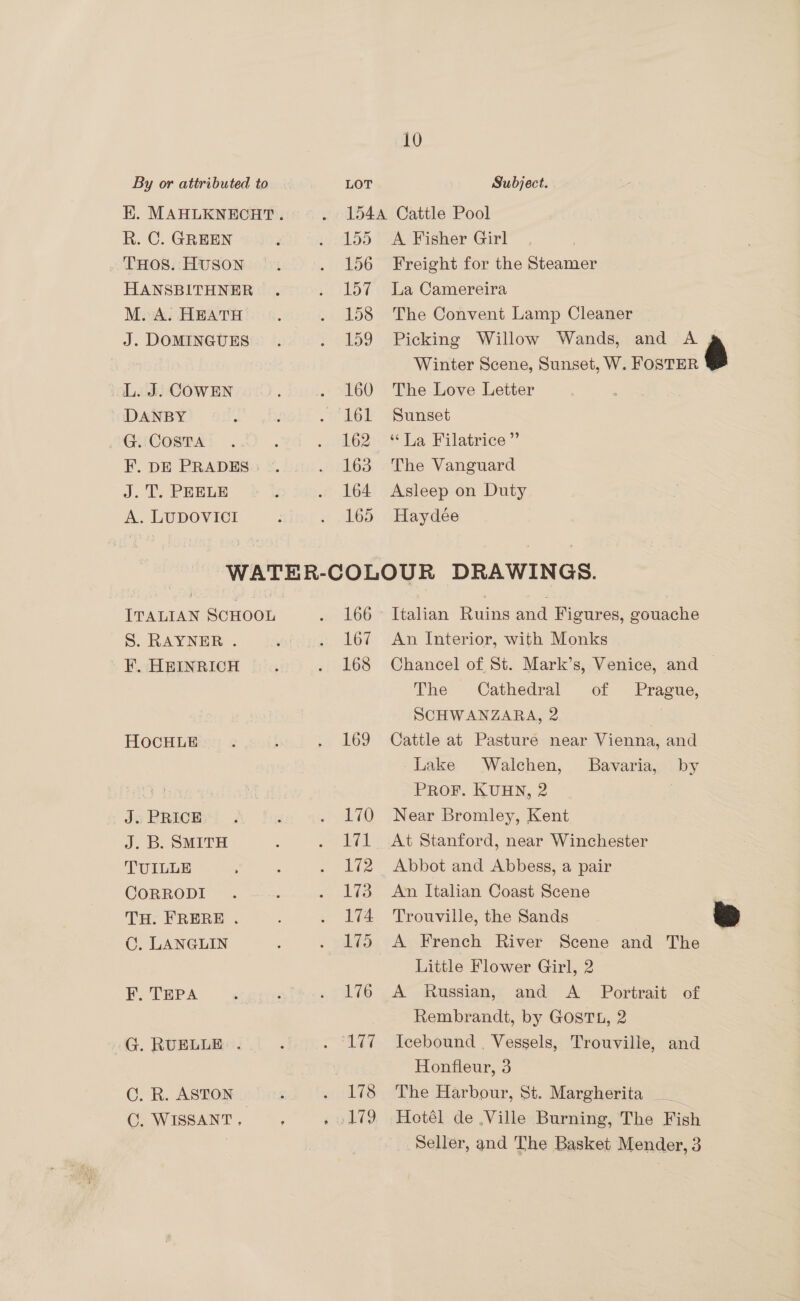 R. C. GREEN THOS. HUSON HANSBITHNER M. A. HEATH J. DOMINGUES OL. J. COWEN ~ DANBY . G. Costa F. DE PRADES | J.T. PEELE A. LUDOVICI 10 155 156 157 158 159 160 161 162 163 164 165 A Fisher Girl Freight for the Steamer La Camereira The Convent Lamp Cleaner Picking Willow Wands, and A Winter Scene, Sunset, W. FOSTER é The Love Letter Sunset “La Filatrice ” The Vanguard Asleep on Duty Haydée ITALIAN SCHOOL S. RAYNER . EF. HEINRICH HOCHLE J. PRICE J. B. SMITH TUILLE CORRODI TH. FRERE . C. LANGLIN F. TEPA G. RUELLE . CO. R. ASTON | C. WISSANT, 166 167 168 169 Italian Ruins and Figures, gouache An Interior, with Monks Chancel of St. Mark’s, Venice, and © The Cathedral of SCHWANZARA, 2 Cattle at Pasture near Vienna, and -Lake Walchen, PROF. KUHN, 2 Near Bromley, Kent At Stanford, near Winchester Abbot and Abbess, a pair An Italian Coast Scene Trouville, the Sands is A French River Scene and The Little Flower Girl, 2 A Russian, and <A _ Portrait of Rembrandt, by GostT1L, 2 Icebound , Vessels, Trouville, and Honfleur, 3 The Harbour, St. Margherita —__ Hotél de ,Ville Burning, The Fish Seller, and The Basket Mender, 3 Prague, Bavaria, by