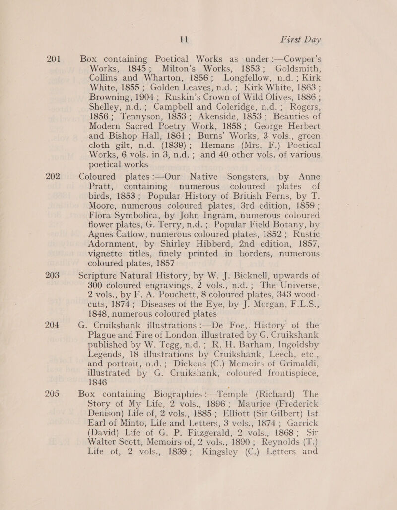 201 202 203 204 205 11 First Day Box containing Poetical Works as under :—Cowper’s Works, 1845; Milton’s Works, 1853; Goldsmith, Collins and Wharton, 1856; Longfellow, n.d. ; Kirk White, 1855 ; Golden Leaves, n.d. ; Kirk White, 1863 ; Browning, 1904 ; Kuskin’s Crown of Wild Olives, 1886 ; Shelley, n.d. ; Campbell and Coleridge, n.d.; Rogers, 1856 ; Tennyson, 1853; Akenside, 1853; Beauties of Modern Sacred Poetry Work, 1858; George Herbert and Bishop Hall, 1861; Burns’ Works, 3 vols., green cloth gilt, n.d. (1839); Hemans (Mrs. F.) Poetical Works, 6 vols. in 3, n.d. ; and 40 other vols. of various poetical works Coloured plates:—Our Native Songsters, by Anne Pratt, containing numerous coloured plates of birds, 1853; Popular History of British Ferns, by T. Moore, numerous coloured plates, 3rd edition, 1859 ; . Flora Symbolica, by John Ingram, numerous coloured flower plates, G. Terry, n.d.; Popular Field Botany, by Agnes Catlow, numerous coloured plates, 1852 ; Kustic Adornment, by Shirley Hibberd, 2nd edition, 1857, vignette titles, finely printed in borders, numerous coloured plates, 1857 Scripture Natural History, by W. J. Bicknell, upwards of 300 coloured engravings, 2 vols., n.d.; The Universe, 2 vols., by F. A. Pouchett, 8 coloured plates, 343 wood- cuts, 1874; Diseases of the Eye, by J. Morgan, F.L:S., 1848, numerous coloured plates G. Cruikshank illustrations :—De Foe,. History of the Plague and Fire of London, illustrated by G. Cruikshank published by W. Tegg, n.d.; R. H. Barham, Ingoldsby Legends, 18 illustrations by Cruikshank, Leech, etc., and portrait, n.d.; Dickens (C.) Memoirs of Grimaldi, illustrated by G. Cruikshank, coloured frontispiece, 1846 Box containing Biographies:—Temple (Richard) The Story of My Life, 2 vols., 1896; Maurice (Frederick Denison) Lite of, 2 vols., 1885 ; Elliott (Sir Gilbert) Ist Earl of Minto, Life and Letters, 3 vols., 1874 ; Garrick (David) Life of G. P. Fitzgerald, 2 vols., 1868; Sir Walter Scott, Memoirs of, 2 vols., 1890 ; Reynolds (T.)