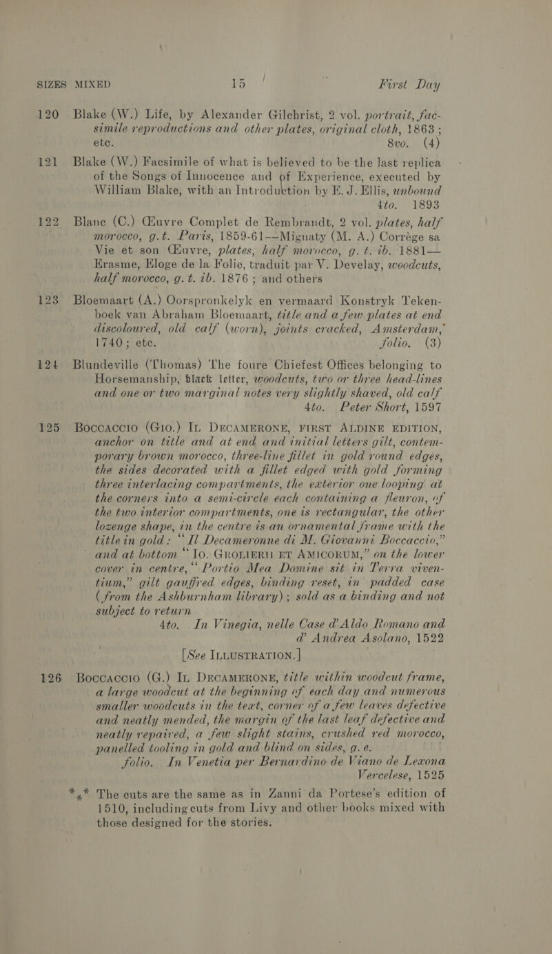 121 126 simile reproductions and other plates, original cloth, 1863 ; ete. 8vo. (4) Blake (W.) Facsimile of what is believed to be the last replica of the Songs of Innocence and of Experience, executed by William Blake, with an Introduction whe ie. J. Ellis, anbound £to. 1893 Blane (C.) Gauvre Complet de Rembrandt, 2 vol. plates, half morocco, g.t. Paris, 1859-61-—Mignaty (M. A.) Corrége sa Vie et son Cluvre, plates, half morocco, g. t. ib. 1881— Erasme, Eloge de la Folie, traduit par V. Develay, woodcuts, half morocco, g. t. tb. 1876 ; and others Bloemaart (A.) Oorspronkelyk en vermaard Konstryk Teken- boek van Abraham Bloemaart, ¢2¢/e and a few plates at end discoloured, old calf (worn), joints cracked, Amsterdam, 1740; ete. Solio, (3) Blundeville (Thomas) ‘he foure Chiefest Offices belonging to Horsemanship, black letter, woodcuts, two or three head-lines and one or two marginal notes very slightly shaved, old calf 4to. Peter Short, 1597 Boccaccio (Gio.) In DECAMERONE, FIRST ALDINE EDITION, anchor on title and at end and initial letters gilt, contem- porary brown morocco, three-line fillet in gold round edges, the sides decorated with a fillet edged with gold forming three interlacing compartments, the exterior one looping at the corners into a semi-circle each containing a fleuron, of the two interior compartments, one ts rectangular, the other lozenge shape, an the centre is an ornamental frame with the titlein gold: ‘Hl Decameronne di M. Giovanni Boccaccio,” and at bottom “To. Grouieriu rr AMicorum,” on the lees cover in centre,’ Portio Mea Domine sit in Terra viven- tium,” gilt gauffred edges, binding reset, in padded case (from the Ashburnham library); sold as a binding and not subject to return Ato. In Vinegia, nelle Case @ Aldo Romano and @ Andrea Asolano, 1522 [See ILLUSTRATION. | Boccacoro (G.) In DECAMERONE, title within woodcut frame, a large woodcut at the beginning of each day and numerous smaller woodcuts in the teat, corner of a few leaves defective and neatly mended, the margin of the last leaf defective and neatly repaired, a few slight stains, crushed red morocco, panelled tooling in gold and blind on sides, g. e. folio. In Venetia per Bernardino de Viano de Lexona Vercelese, 1525 The cuts are the same as in Zanni da Portese’s edition of 1510, including cuts from Livy and other books mixed with those designed for the stories.