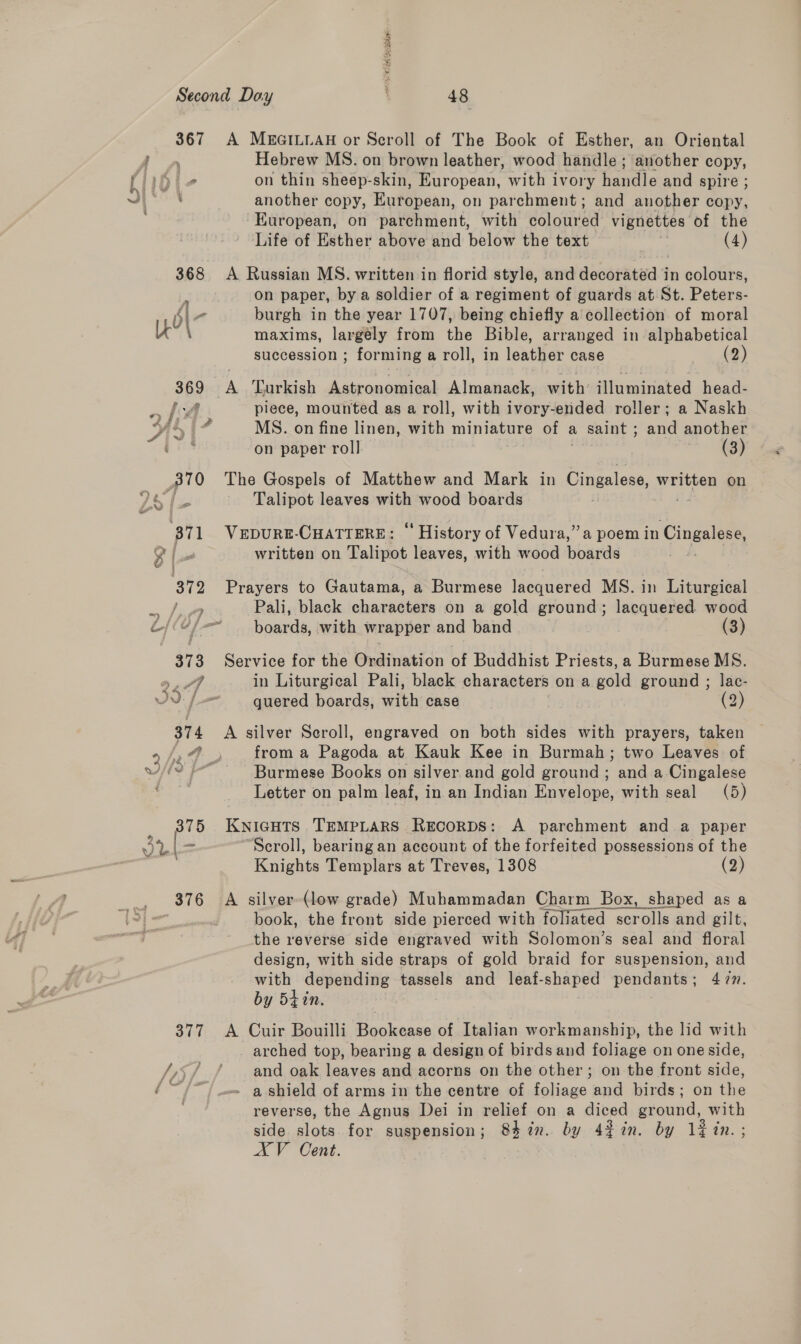 Ye Tee . - Second Doy 48 367 A MEGILLAH or Scroll of The Book of Esther, an Oriental gree Hebrew MS. on brown leather, wood handle ; another copy, Libi- on thin sheep-skin, European, with ivory handle and spire ; ¥| ' another copy, European, on parchment; and another copy, European, on parchment, with coloured vignettes of the Life of Esther above and below the text } (4) 368 A Russian MS. written in florid style, and decarated in colours, on paper, by a soldier of a regiment of guards at St. Peters- b\- burgh in the year 1707, being chiefly a collection of moral lk maxims, largely from the Bible, arranged in alphabetical succession ; forming a roll, in leather case (2) 369 A Turkish Astronomical Almanack, with’ illuminated head- Pe: i} A piece, mounted as a roll, with ivory-ended roller; a Naskh Pike i? MS. on fine linen, with miniature of a saint ; and another i on paper roll. By Aio The Gospels of Matthew and Mark in Cingalese, written on Talipot leaves with wood boards pp VEDURE-CHATTERE: “‘ History of Vedura,’’a poem in Cingalese, YT od written on Talipot leaves, with wood boards 372 Prayers to Gautama, a Burmese lacquered MS. in Liturgical 7 Pali, black characters on a gold ground; lacquered wood L/ CL beards, with wrapper and band | | (3) 373 Service for the Ordination of Buddhist Priests, a Burmese MS. 22.74 in Liturgical Pali, black characters on a gold ground ; lac- JU /-— — guered boards, with case | (2) 374 A silver Seroll, engraved on both sides with prayers, taken o/,@ > froma Pagoda at Kauk Kee in Burmah; two Leaves of vile Burmese Books on silver and gold ground ; and a Cingalese Letter on palm leaf, in an Indian Envelope, with seal (5) _ 3875 Kwnicuts TEMPLARS Recorps: A parchment and a paper 4 “Seroll, bearing an account of the forfeited possessions of the Knights Templars at Treves, 1308 (2) 376 A silver-(low grade) Muhammadan Charm Box, shaped as book, the front side pierced with foliated scrolls and silt. the reverse side engraved with Solomon’s seal and floral design, with side straps of gold braid for suspension, and with depending tassels and leaf-shaped pendants ; 4 in, by 54 in. 377 A Cuir Bouilli Pwalseaue of Italian workmanship, the lid with arched top, bearing a design of birds and foliage on one side, /,5/ / and oak leaves and acorns on the other; on the front side, i ~/~) = a shield of arms in the centre of foliage and birds; on the . reverse, the Agnus Dei in relief on a diced ground, sh side slots. for suspension; 847%. by 4%%in. by 123 in. AV Cent.