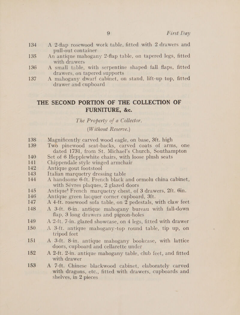 134 A 2-flap rosewood work table, fitted with 2 drawers and pull-out container 135 An antique mahogany 2-flap table, on tapered legs, fitted with drawers 136 A small table, with serpentine shaped fall flaps, fitted drawers, on tapered supports 137 A mahogany dwarf cabinet, on stand, lift-up top, fitted drawer and cupboard THE SECOND PORTION OF THE COLLECTION OF FURNITURE, &amp;c. The Property of a Collector. (Without Reserve.) 138 Magnificently carved wood eagle, on base, 3ft. high 139 Two pinewood seat-backs, carved coats of arms, one dated 1731, from St. Michael’s Church, Southampton 140 Set of 6 Hepplewhite chairs, with loose plush seats 141 Chippendale style winged armchair 142 Antique gout footstool 143 Italian marquetry dressing table 144 A handsome 6-ft. French black and ormolu china cabinet, with Sévres plaques, 2 glazed doors 145 Antique! French marquetry chest, of 3 drawers, 2ft. 6in. 146 Antique green lacquer corner cupboard, 3ft. 147 A 4-ft. rosewood sofa table, on 2 pedestals, with claw feet 148 A 3-ft. 6-in. antique mahogany bureau with fall-down flap, 3 long drawers and pigeon-holes 149 A 2-ft, 7-in. glazed showcase, on 4 legs, fitted with drawer 150 A 3-ft. antique mahogany-top round table, tip up, on tripod feet 151 A 3-ft. 8-in. antique mahogany bookcase, with lattice doors, cupboard and cellarette under 152 A 2-ft. 2-in. antique mahogany table, club feet, and fitted with drawer 153 A 7-ft. Chinese blackwood cabinet, elaborately carved with dragons, etc., fitted with drawers, cupboards and shelves, in 2 pieces