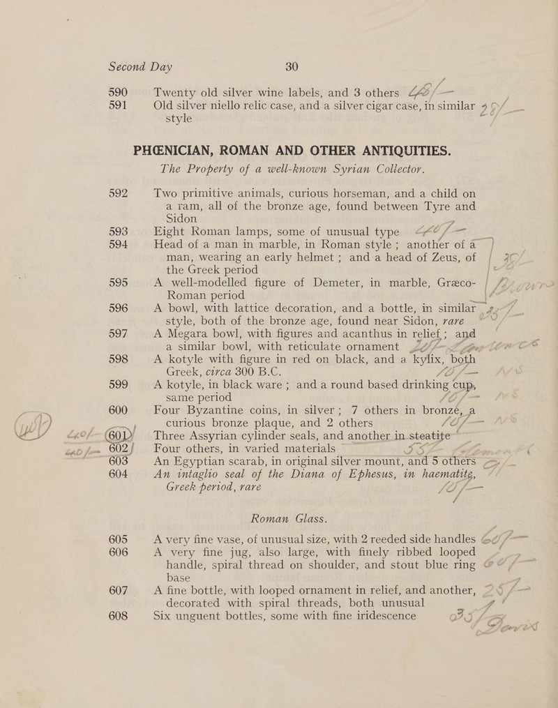 590 591 Twenty old silver wine labels, and 3 others tf3/— style 607 608 The Property of a well-known Syrian Collector. Two primitive animals, curious horseman, and a child on a ram, all of the bronze age, found between Tyre and Sidon - Eight Roman lamps, some of unusual type &lt;“¢ /—= man, wearing an early helmet ; and a head of Zeus, of the Greek period rd Roman period style, both of the bronze age, found near Sidon, rare A Megara bowl, with figures and acanthus in relief ; apa a similar bowl, with reticulate ornament af Greek, circa 300 B.C. same period curious bronze plaque, and 2 others S/O f- Three Assyrian cylinder seals, and another in yao Four others, in varied materials of eA rf Greek period, rare r ¢ Roman Glass. A very fine jug, also large, with finely ribbed looped base decorated with spiral threads, both unusual