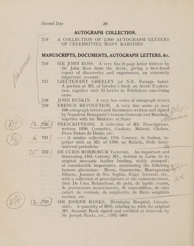 AUTOGRAPH COLLECTION. 715 A~COLLECTION OP 2'500 AUTOG RAPHE TITERS OF CELEBRITIES, MANY RARITIES MANUSCRIPTS, DOCUMENTS, AUTOGRAPH LETTERS, &amp;c. 716 SIR JOHN ROSS. A very fine 6-page letter written by Sir John Ross from the Arctic, giving a first-hand report of discoveries and experiences, an extremely important account. aad LIEUTENANT. GREELEY (of N.E. Passage fame). A portion of MS. of Greeley’s book on Arctic Explora- tion, together with 12 letters to Publishers concerning same. 718 JOHN RUSKIN. A very fine series of autograph letters 719 FRENCH REVOLUTION. A very fine series of over _ 100 autograph letters and documents written. and ae Vis by Napoleon Bonaparte’s famous Generals and ees tal together with his Ministers of State ate i ixs — written 1530, Cosmetics, Cookery, Malaria, Cholera, , Peste Dolors de Dente, etc. 721 / ——A similar collection, 17th Century, in Italian, to- gether with an MS. of 1790, on Malaria, Delle Inter- mittenti periodiche enn © 2 ee 722 | DE CURIS MORBORUM Variorum. An important and interesting 15th Century MS., written in Latin, in its original monastic leather binding, richly stamped ; ae. of considerable importance, mentioning the following 2// /-~ famous physicians: Mesue, Guarnerius, Montagnana-@/ / Silanus, Joannes de Sta. Sophia, Hugo Senensis, BIC, 4a, S94 with a collection of prescriptions at the commencement, Mi then De Cura Melanclioae, de potu, de lapide renum, ~ de provocatore menstruorum, de emoroidibus, de cura catari, de ventosis, de emplastris, de fluxu ous shire. A quantity of MSS. relating to, with the original MS. Account Book signed and certified at intervals by Sir Joseph Banks, etc., 1792-1801