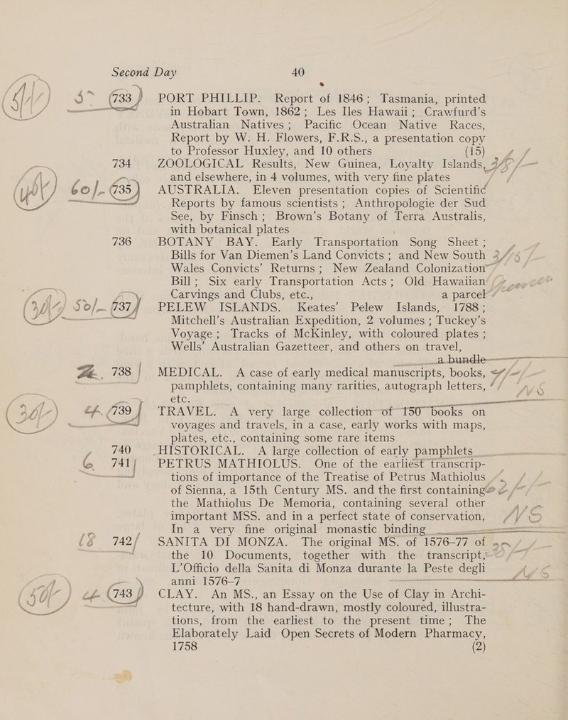 (733) PORT PHILLIP. Report of 1846; Tasmania, printed ——— in Hobart Town, 1862; Les Iles Hawaii; Crawfurd’s Australian Natives; Pacific Ocean Native Races, Report by W. H. Flowers, F.R.S., a presentation copy to Professor Huxley, and 10 others io) 2. we ZOOLOGICAL Results, New Guinea, Loyalty Islands, YS /- _ and elsewhere, in 4 volumes, with very fine plates +4 / AUSTRALIA. Eleven presentation copies of Scientific Reports by famous scientists ; Anthropologie der Sud See, by Finsch; Brown’s Botany of Terra Australis, with botanical plates 738 BOTANY. BAY... Hanky Transportation Song Sheet ; ¢ Bills for Van Diemen’s Land Convicts ; and New South 4//% Wales Convicts’ Returns; New Zealand Colonization™ Bill; Six early Transportation Acts; Old Hawaiian ‘i Carvings and Clubs, etc., — a parcek/   Mitchell’s Australian Expedition, 2 volumes ; Tuckey’s Voyage ; Tracks of McKinley, with coloured plates ; Wells’ Australian Gazetteer, and others on travel, Sa. 738 | MEDICAL. A case of early medical manuscripts, books, +/- “ pamphlets, containing many rarities, autograph letters, ’/ 4, « oof, p. (739 | / TRAVEL. A very large collection~of “TSU” “books on conn np voyages and travels, in a case, early works with maps, Dla tes; .etc., containing some rare items yp 740, o (HISTORICAL, ‘A large collection, of eatly Pamphlets &amp; 741} PETRUS MATHIOLUS: One of the earliest transcrip- —— tions of importance of the Treatise of Petrus Mathiolus ... of Sienna, a 15th Century MS. and the first containing@ &amp; /~ the Mathiolus De Memoria, containing several other , , .. important MSS. and in a perfect state of conservation, £/ (&gt; | In a very fine original monastic binding __. {8 742/ SANITA DI MONZA. The original MS. of 1576-77 a men f ie the 10 Documents, together with the transcript, a, L’Officio della Sanita di Monza durante la Peste “Gegh (Ze anni 1576-7 IE” 6 hs éé- (743 § CLAY. An MS., an Essay on the Use of eins in Archi- tecture, with 18 hand-drawn, mostly coloured, illustra- tions, from the, earliest. to’ the present time; The Elaborately Laid Open Secrets of Modern Pharmacy, 1758 (2) 