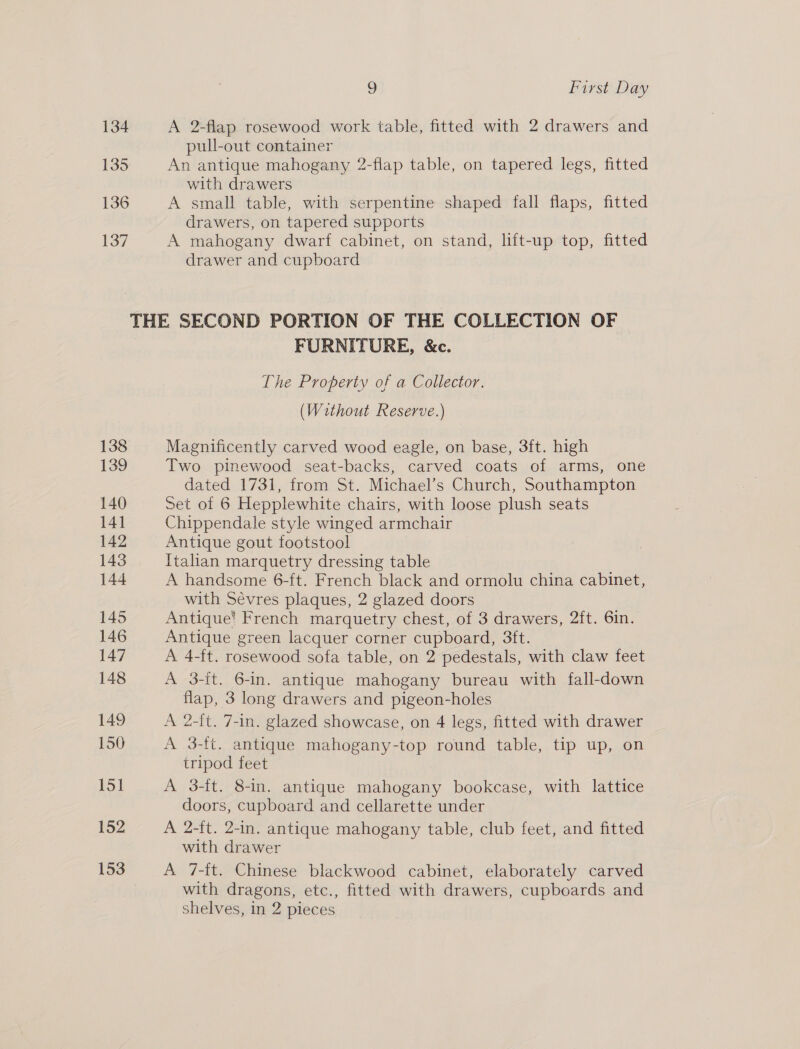 134 A 2-flap rosewood work table, fitted with 2 drawers and pull-out container 135 An antique mahogany 2-flap table, on tapered legs, fitted with drawers 136 A small table, with serpentine shaped fall flaps, fitted drawers, on tapered supports 137 A mahogany dwarf cabinet, on stand, lift-up top, fitted drawer and cupboard THE SECOND PORTION OF THE COLLECTION OF FURNITURE, &amp;c. The Property of a Collector. (Without Reserve.) 138 Magnificently carved wood eagle, on base, 3ft. high 139 Two pinewood seat-backs, carved coats of arms, one dated 1731, from St. Michael’s Church, Southampton 140 Set of 6 Hepplewhite chairs, with loose plush seats 141 Chippendale style winged armchair 142 Antique gout footstool 143 Italian marquetry dressing table 144 A handsome 6-ft. French black and ormolu china cabinet, with Sévres plaques, 2 glazed doors 145 Antique! French marquetry chest, of 3 drawers, 2ft. 6in. 146 Antique green lacquer corner cupboard, 3ft. 147 A 4-ft. rosewood sofa table, on 2 pedestals, with claw feet 148 A 3-it. 6-in. antique mahogany bureau with fall-down flap, 3 long drawers and pigeon-holes 149 A 2-ft. 7-in. glazed showcase, on 4 legs, fitted with drawer 150 A 3-ft. antique mahogany-top round table, tip up, on tripod feet 151 A 3-tt. 8-in. antique mahogany bookcase, with lattice doors, cupboard and cellarette under 152 A 2-ft. 2-in. antique mahogany table, club feet, and fitted with drawer 153 A 7-ft. Chinese blackwood cabinet, elaborately carved with dragons, etc., fitted with drawers, cupboards and shelves, in 2 pieces