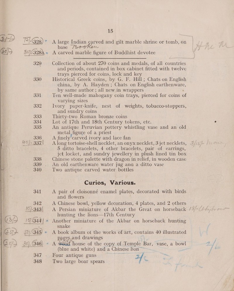 &gt; - pS a fe. sn 329 330 331 332 333 334 335 336 O}- 337| 338 339 . 340 15 A large Indian ee ved and gilt marble shrine or tomb, on base 7a-t-oFeer A carved marble figure of Buddhist devotee Collection of about 270 coins and medals, of all countries and periods, contained in box cabinet fitted with twelve trays pierced for coins, lock and key Historical Greek coins, by G. F. Hill; Chats on English china, by A. Hayden; Chats on English earthenware, by same author; all new.in wrappers ‘ Ten well-made mahogany coin trays, pierced for coins of varying sizes Ivory paper-knife, nest of weights, tobacco-stoppers, and sundry coins Thirty-two Roman bronze coins Lot of 17th and 18th Century tokens, etc. An antique Peruvian pottery whistling vase and an old metal figure of a priest A finely’carved ivory and lace fan A long tortoise-shell necklet, an onyx necklet, 3 jet necklets, 5 ditto bracelets, 4 other bracelets, pair of earrings, jet locket, and sundry jewellery in plush lined tin box Chinese stone palette with dragon in relief, in wooden case An old earthenware water jug ana a ditto vase Two antique carved water bottles Curios, Various. A pair of cloisonné enamel plates, decorated with birds and flowers A Chinese bowl, yellow decoration, 4 plates, and 2 others hunting the lions—17th Century snake A book album oi the works of art, sa AO illustrated pages, and drawings (blue and white) and a Chinese lion™ Four antique guns re Rem € af Two large boar spears wr